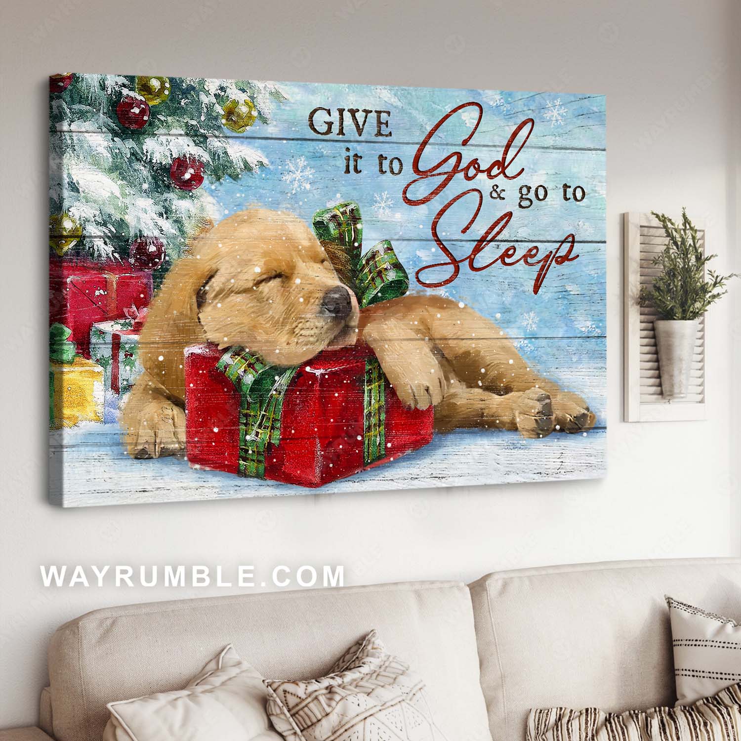 Golden Retriever, Christmas gift, Christmas tree, Give it to God & go to sleep - Jesus Landscape Canvas Prints, Home Decor Wall Art