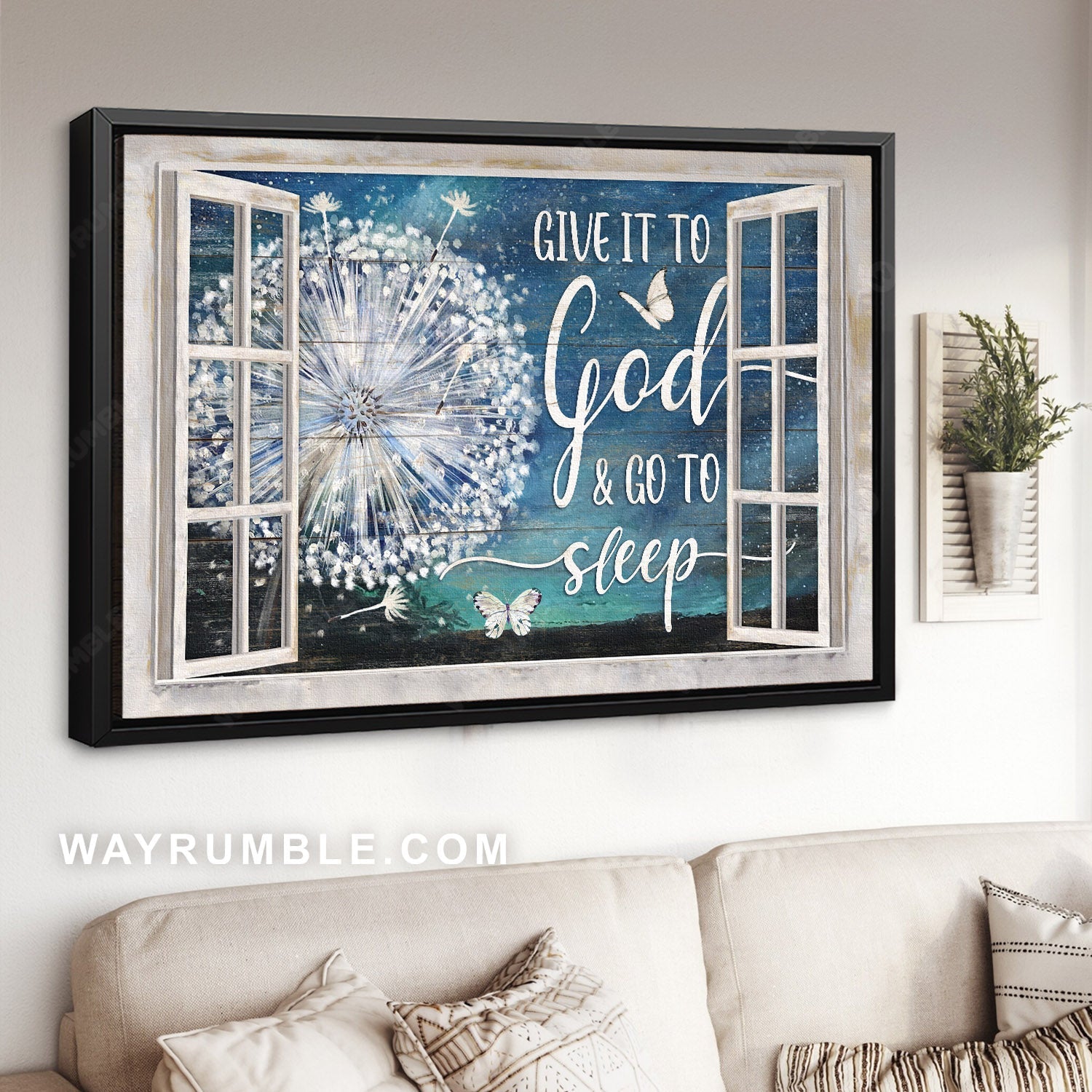 Dandelion painting, White butterfly, Night sky, Give it to God & go to sleep - Jesus Landscape Canvas Prints, Home Decor Wall Art
