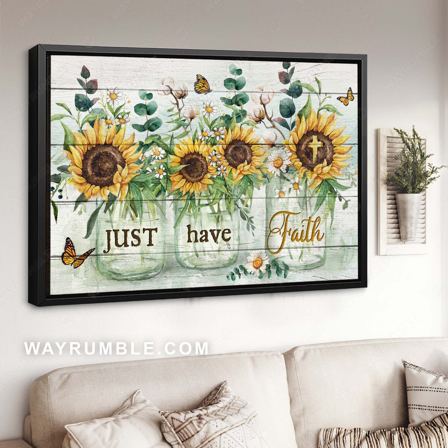 Amazing glass vase, Watercolor sunflower, Monarch butterfly, Just have faith - Jesus Landscape Canvas Prints, Home Decor Wall Art