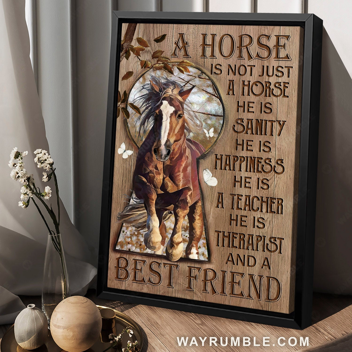Brown horse, White butterfly, Keyhole drawing, A horse is therapist and a best friend - Jesus Portrait Canvas Prints, Home Decor Wall Art
