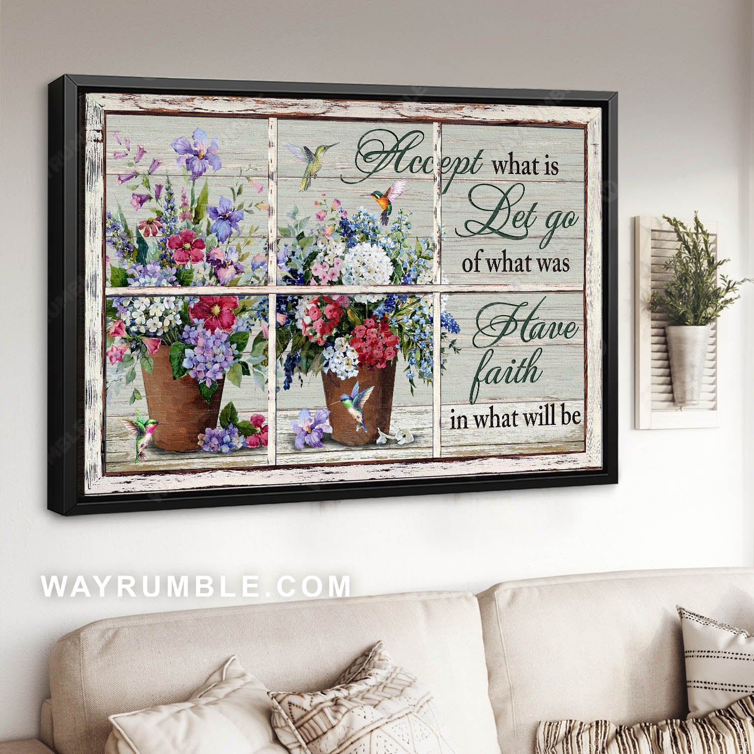 Colorful flower vase, Hummingbird drawing, Window frame, Have faith in what will be - Jesus Landscape Canvas Prints, Home Decor Wall Art