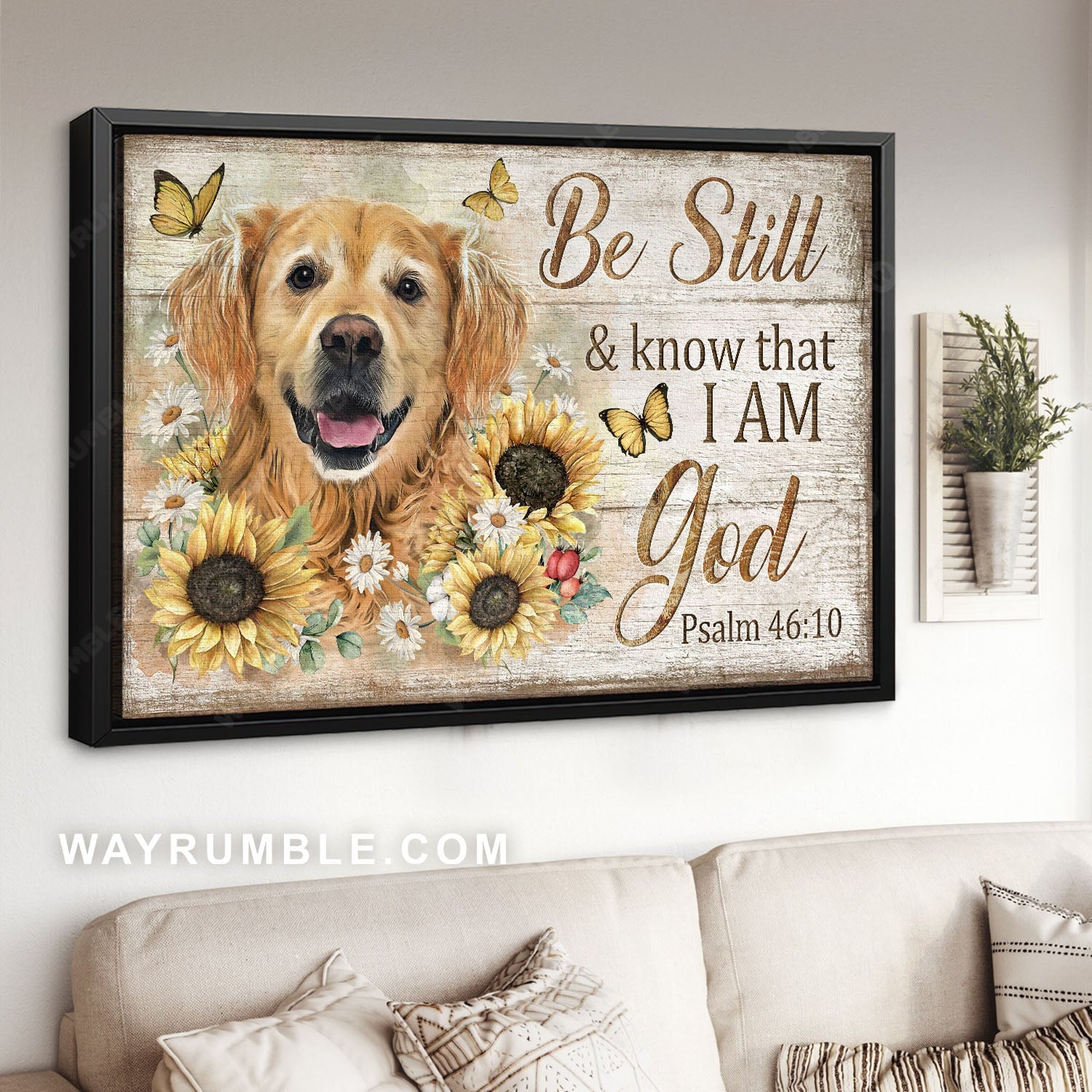 Golden Retriever, Lovely sunflower, Monarch butterfly, Be still & know that I am God - Jesus Landscape Canvas Prints, Home Decor Wall Art