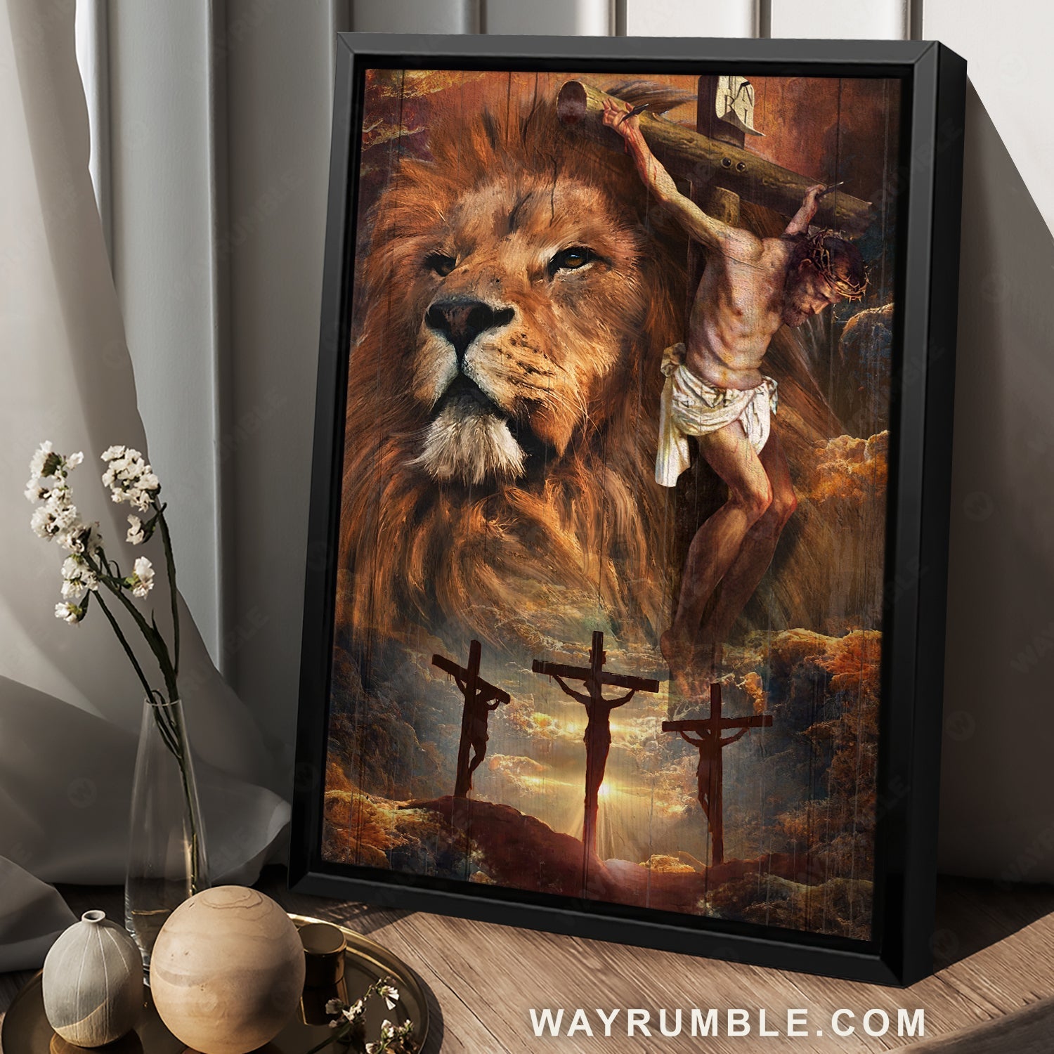 Crucifixion of Jesus, Lion of Judah, Three crosses on hill, Religious art- Jesus Portrait Canvas Prints, Christian Wall Art