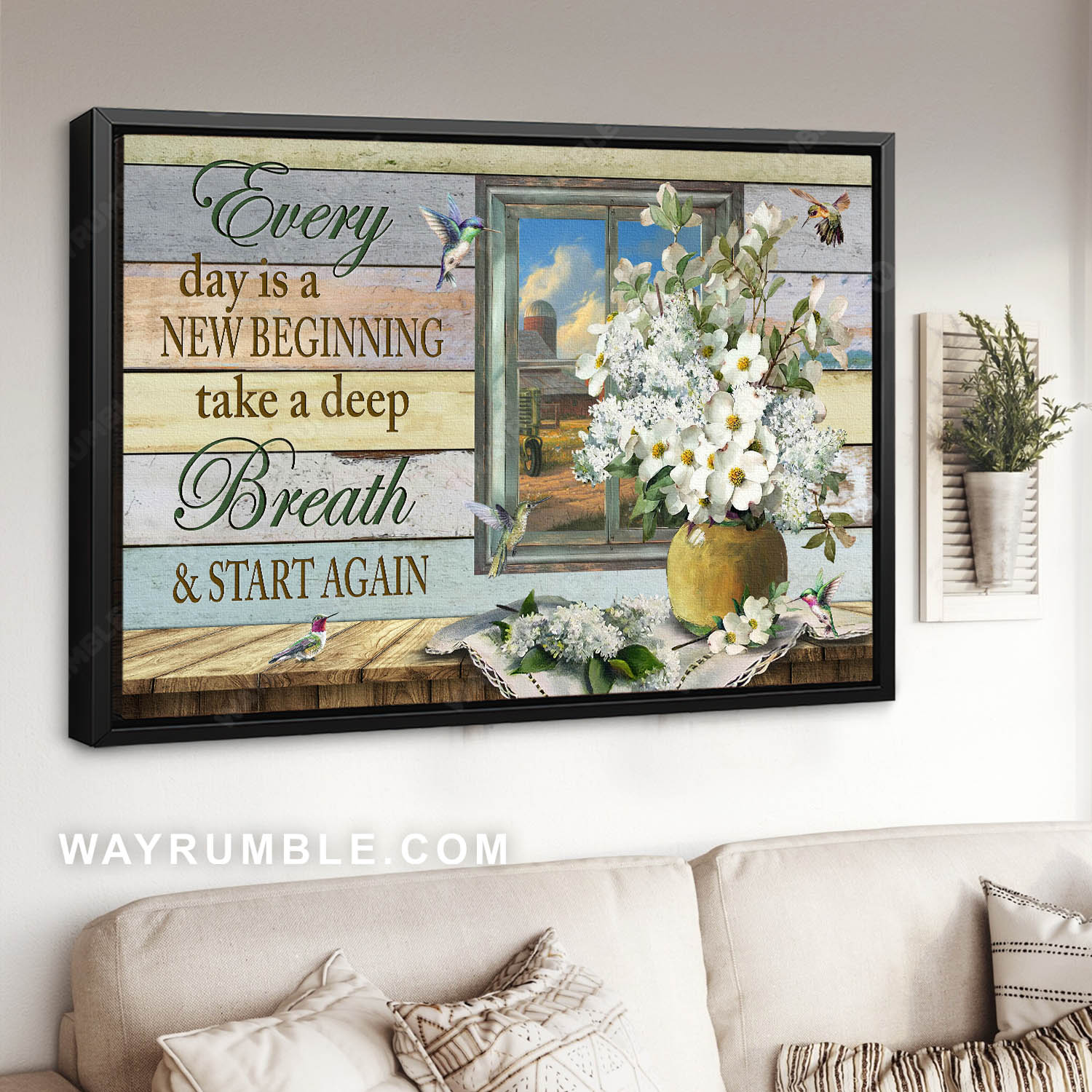Hummingbird painting, Flower vase, White flower, Every day is a new beginning - Jesus Landscape Canvas Prints, Home Decor Wall Art