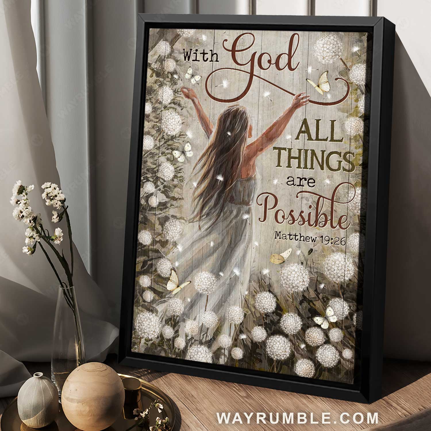 Dandelion field, Lovely girl, White butterfly, With God all things are possible - Jesus Portrait Canvas Prints, Christian Wall Art