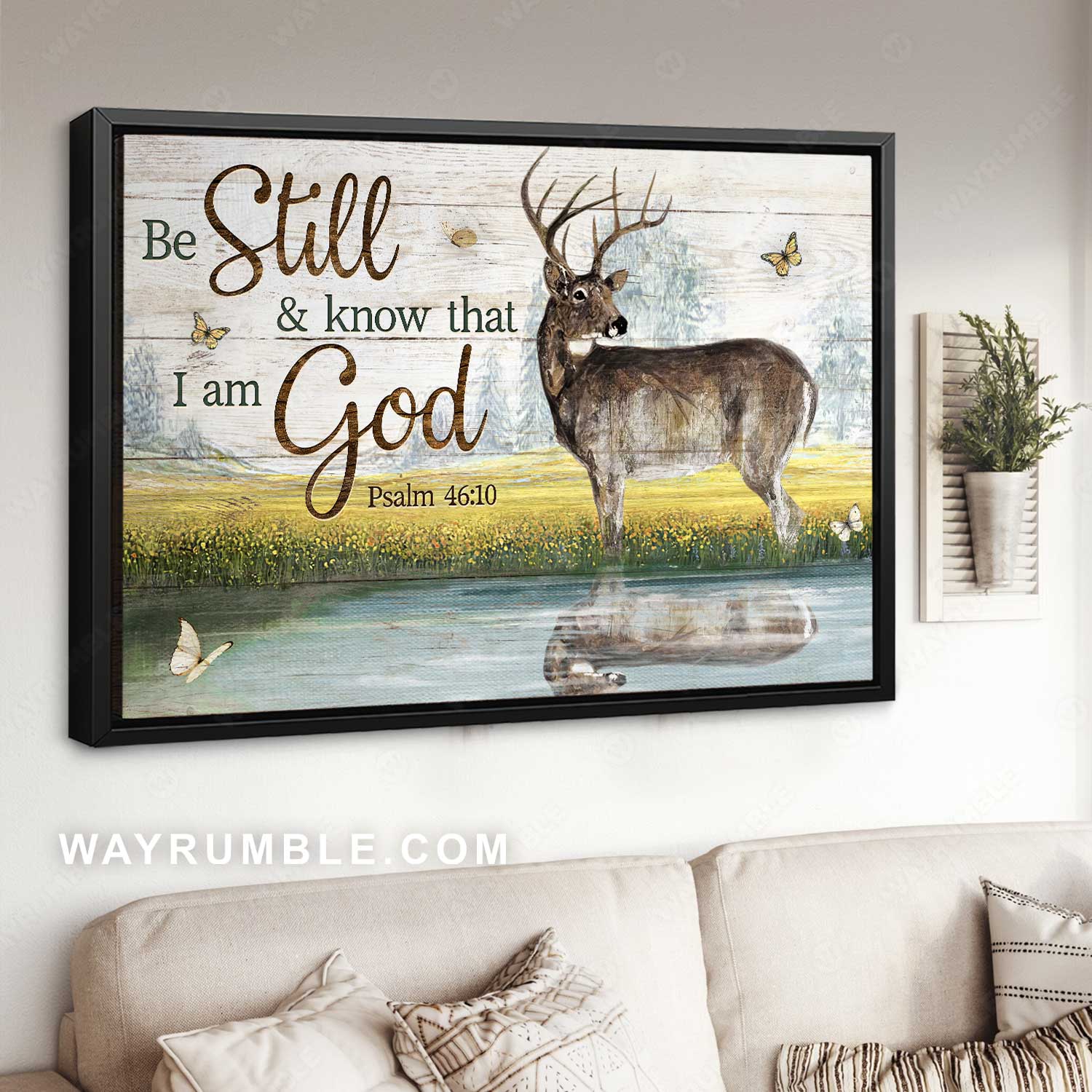 Deer painting, Wild animal, Peaceful flower field, Be still & know that I am God - Jesus Landscape Canvas Prints, Home Decor Wall Art