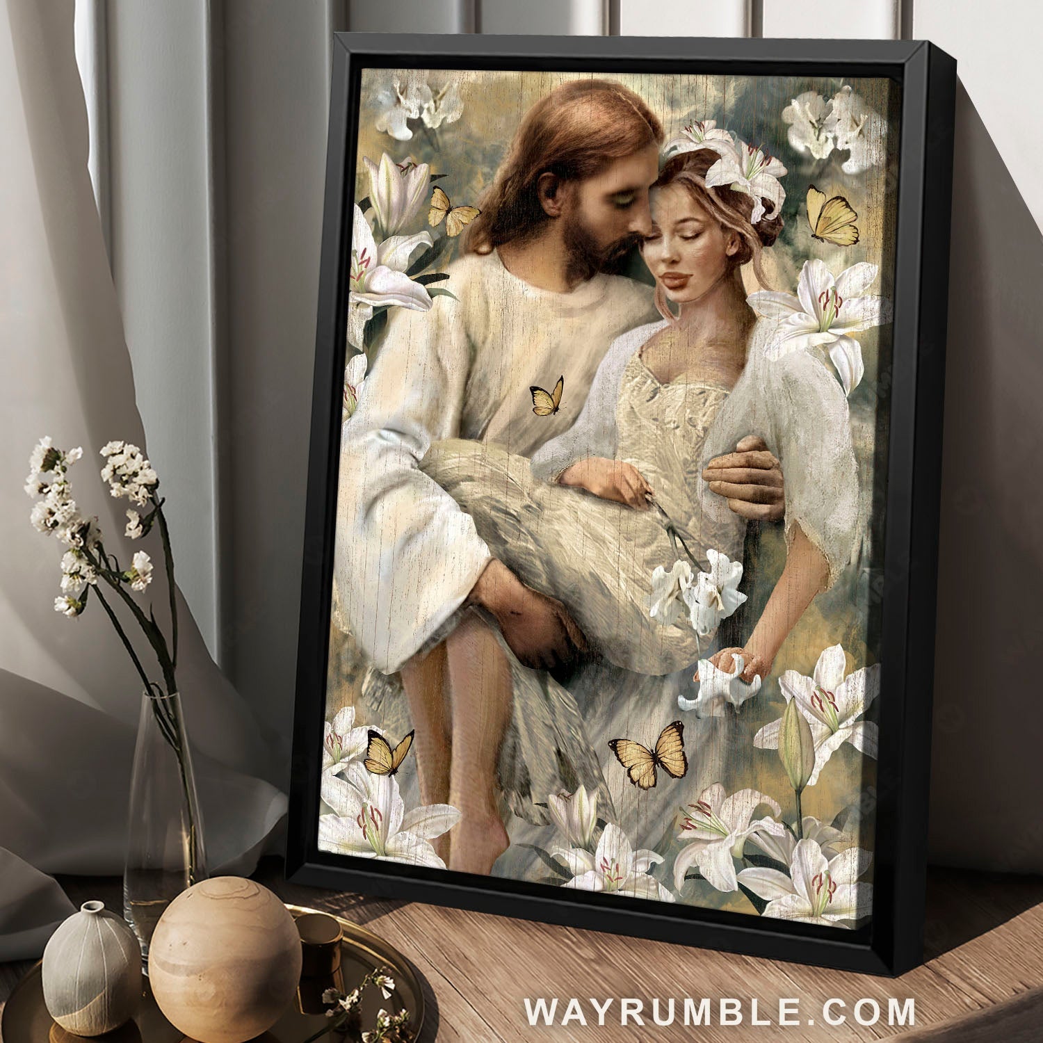 Beautiful woman, Lily flowers, Yellow butterfly, In the arms of God - Jesus Portrait Canvas Prints, Christian Wall Art