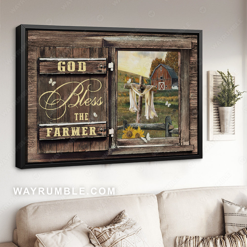 Farm painting, Wooden cross, Red barnhouse, God bless the farmer - Jesus Landscape Canvas Prints, Home Decor Wall Art