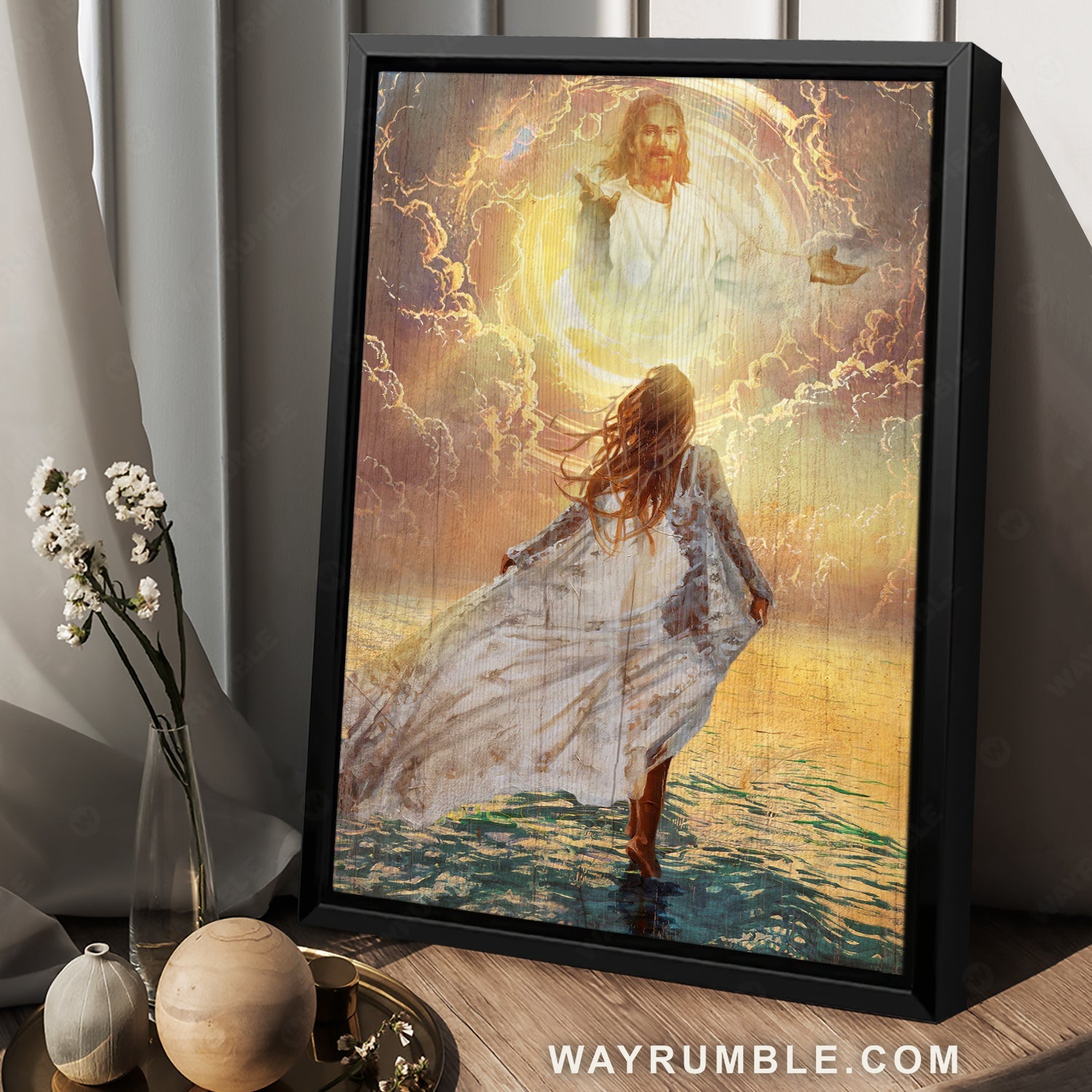 Beautiful girl, Stunning sunset, Jesus painting, Walking on water - Jesus Portrait Canvas Prints, Christian Wall Art