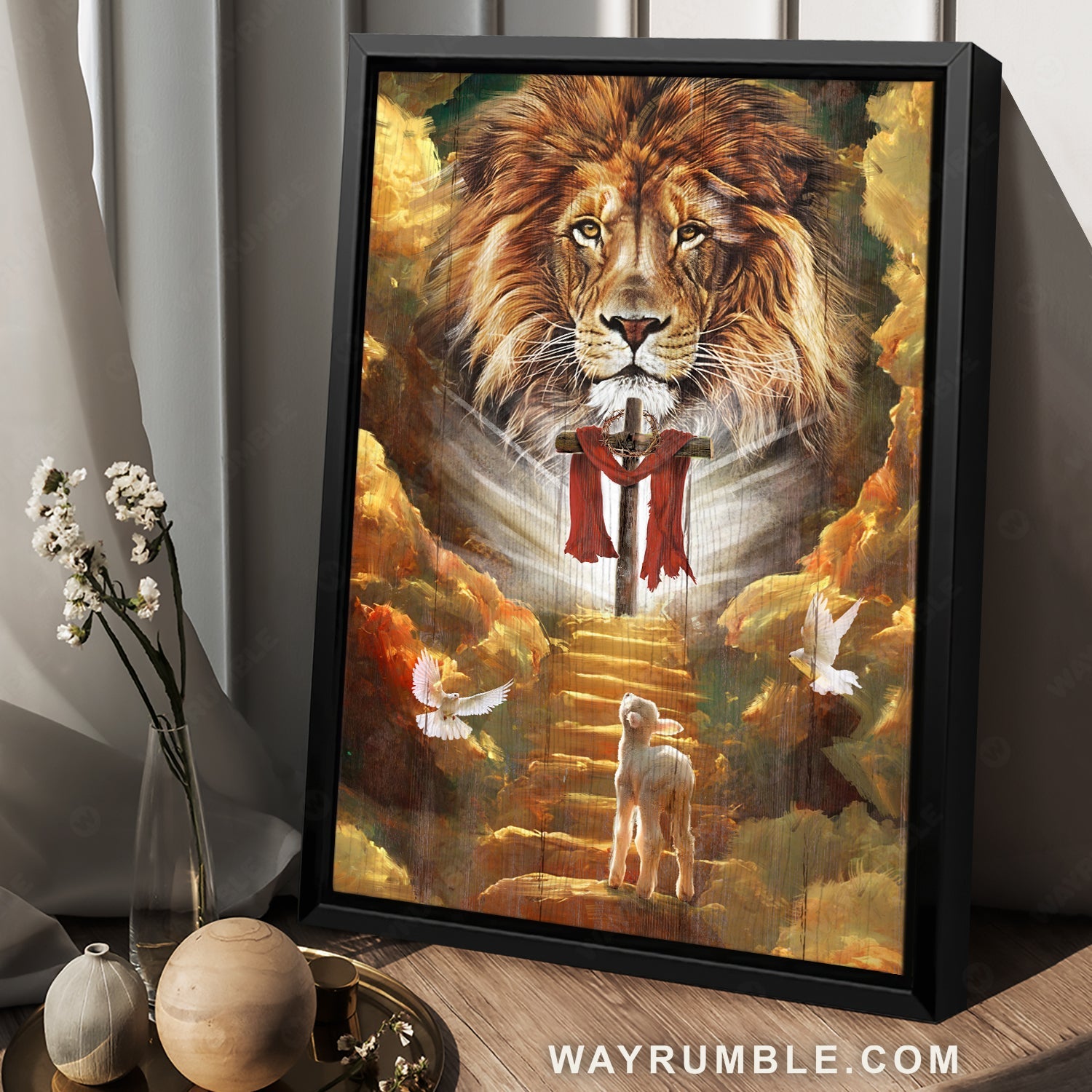 Awesome lion head, Wooden cross, Lamb of God, To the beautiful heaven - Jesus Portrait Canvas Prints, Christian Wall Art