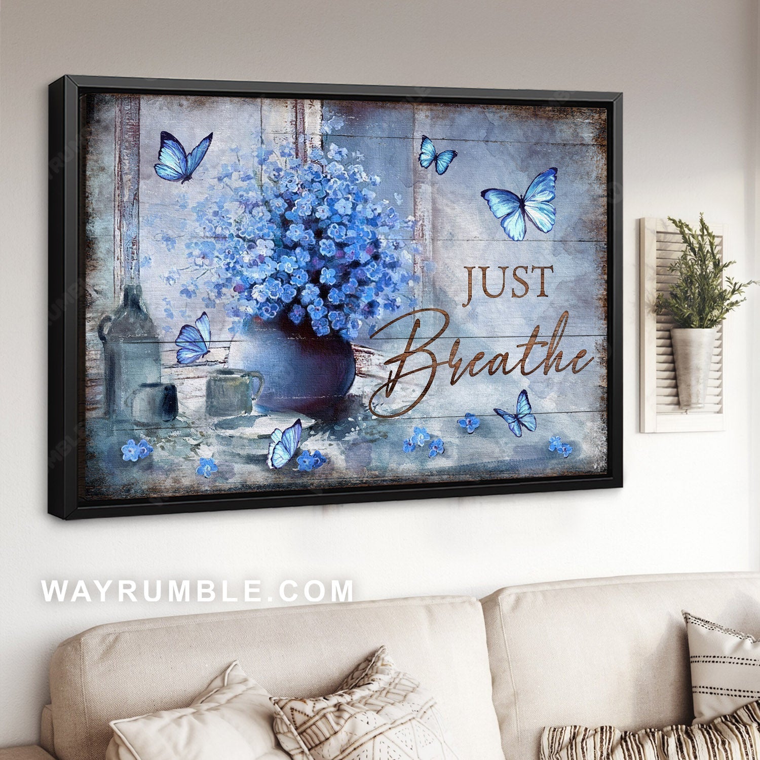 Blue butterfly, Blue flower vase, Vintage painting, Just breathe - Jesus Landscape Canvas Prints, Home Decor Wall Art