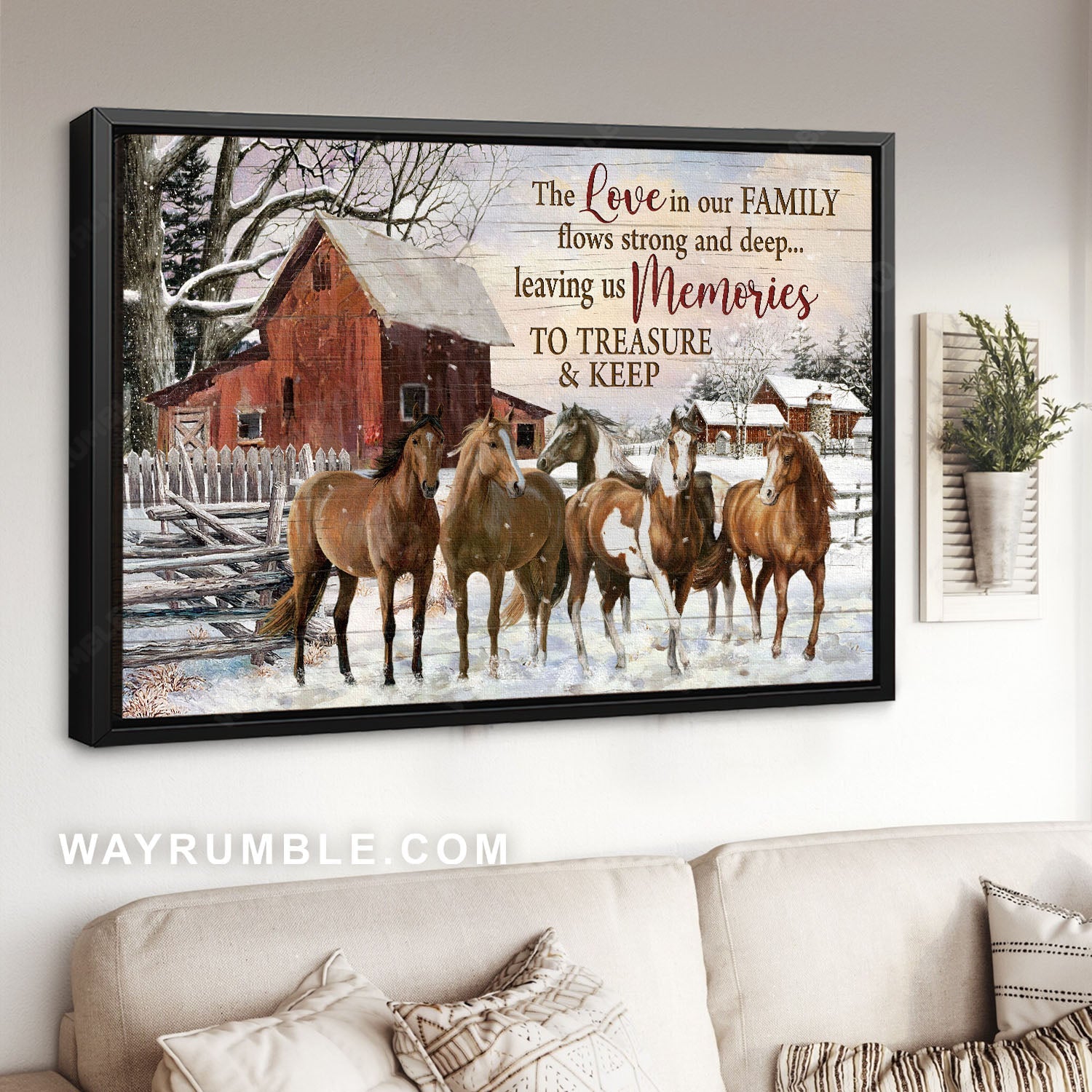 Brown horse, Beautiful snowfall, Rustic farmhouse, The love in our family - Jesus Landscape Canvas Prints, Home Decor Wall Art