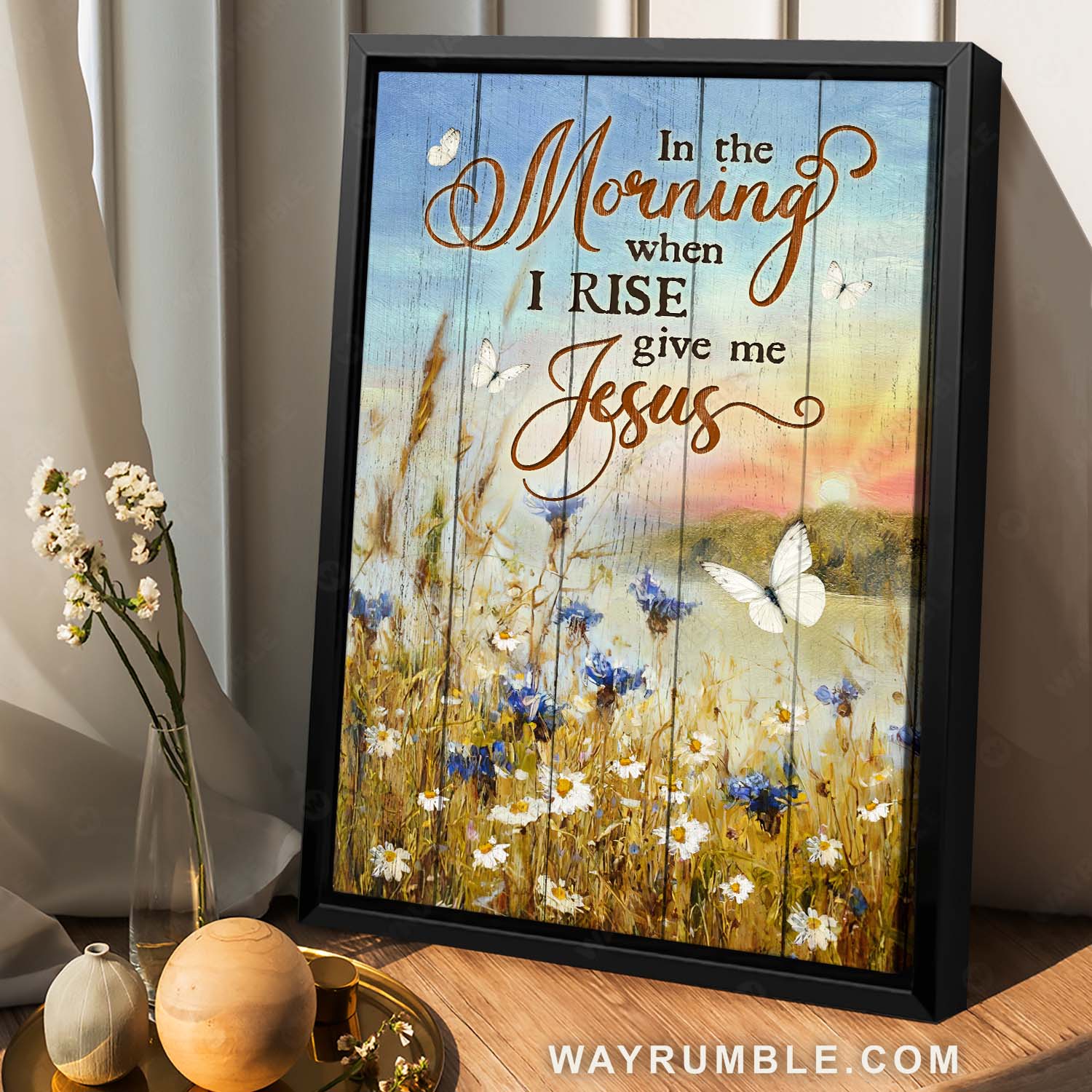 Daisy field, Stunning sunrise, White butterfly, In the morning when I rise - Jesus Portrait Canvas Prints, Home Decor Wall Art