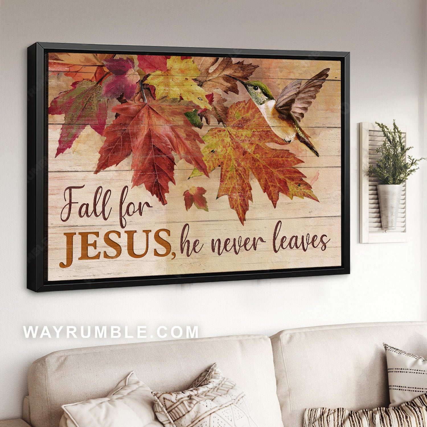 Autumn leaves, Hummingbird painting, Vintage art, Fall for Jesus, he never leaves - Jesus Landscape Canvas Prints, Home Decor Wall Art