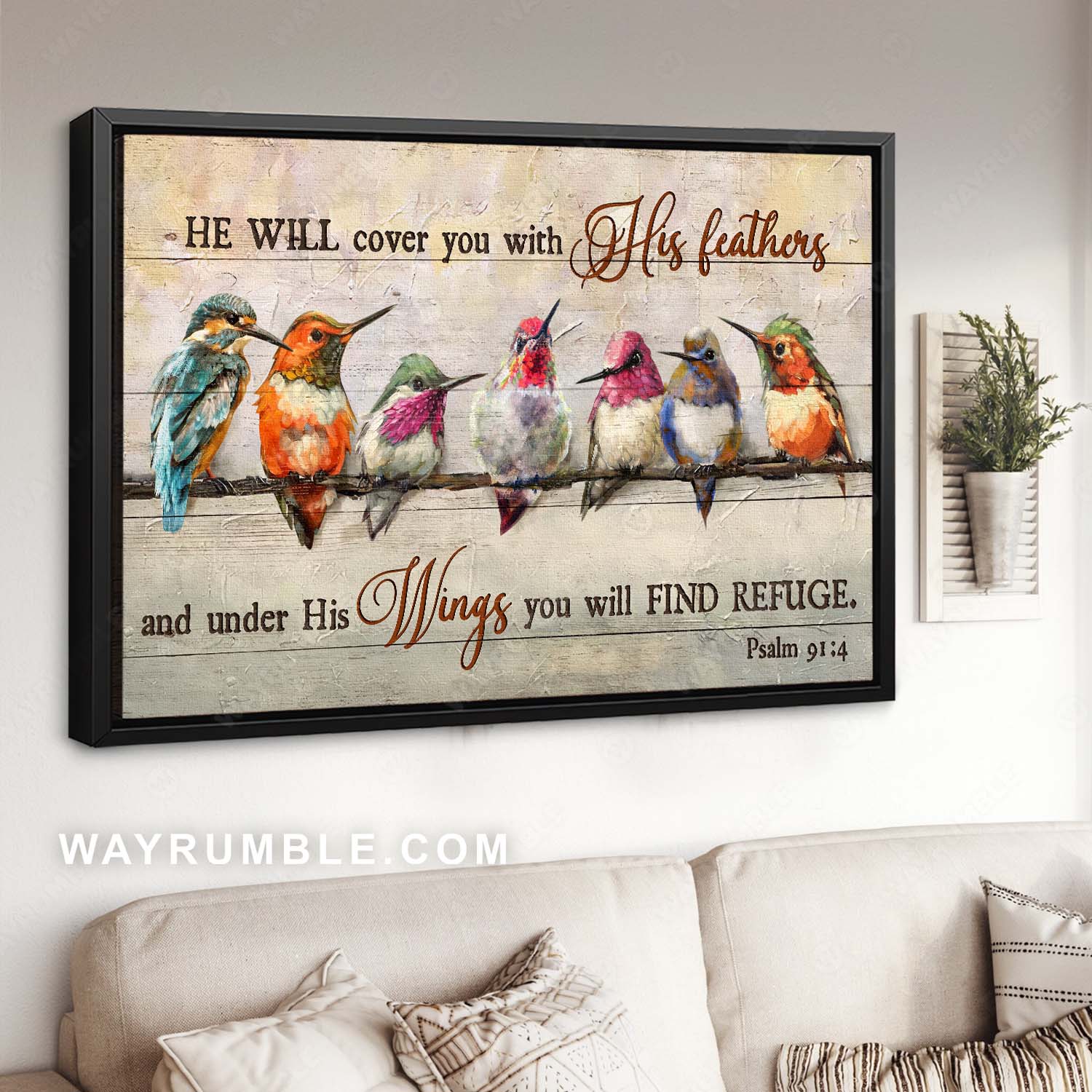 Bible verse, Watercolor hummingbird, Lovely bird, He will cover you with his feathers - Jesus Landscape Canvas Prints, Home Decor Wall Art