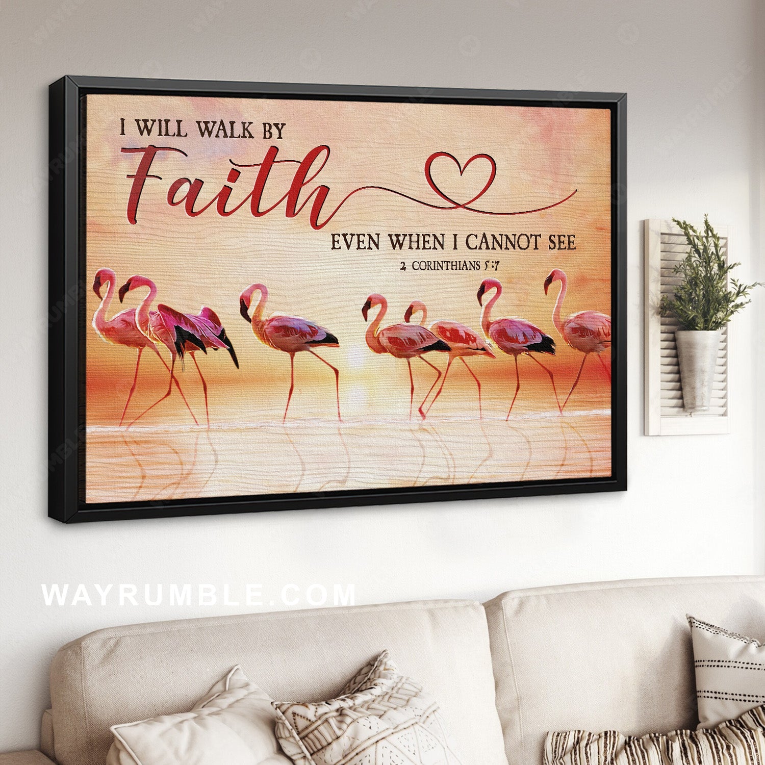 Beautiful flamingos, Stunning sunset, Inspirational quote, I will walk by faith - Jesus Landscape Canvas Prints, Home Decor Wall Art