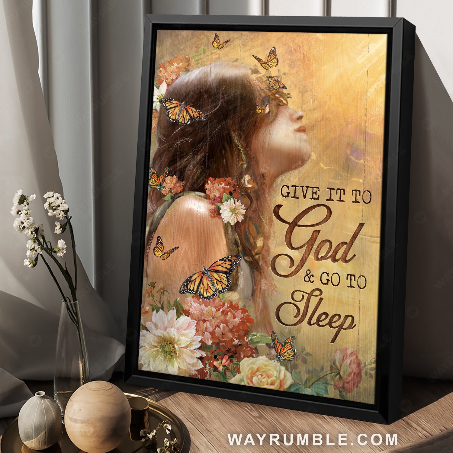Beautiful lady, Lovely flower, Monarch butterfly, Give it to God & go to sleep - Jesus Portrait Canvas Prints, Home Decor Wall Art