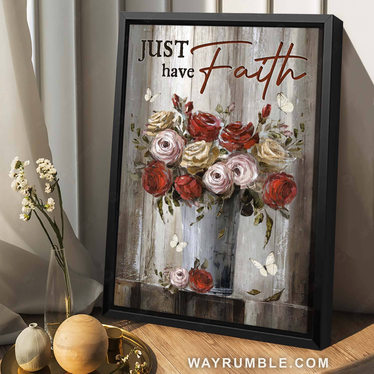 Gorgeous flower vase, Rose painting, White butterfly, Just have faith - Jesus Portrait Canvas Prints, Home Decor Wall Art