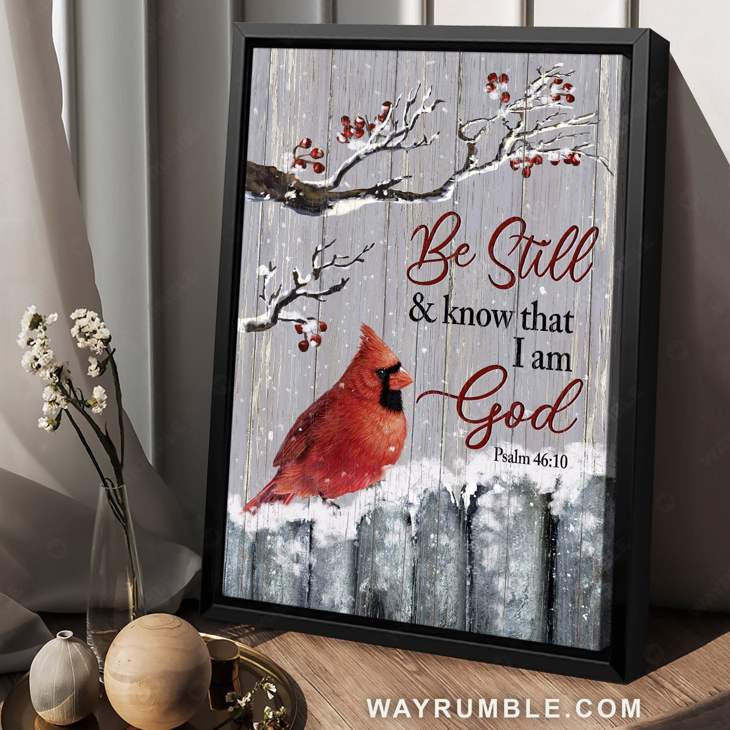 Cranberry tree, Red cardinal, Beautiful snowfall, Be still & know that I am God - Jesus Portrait Canvas Prints, Christian Wall Art