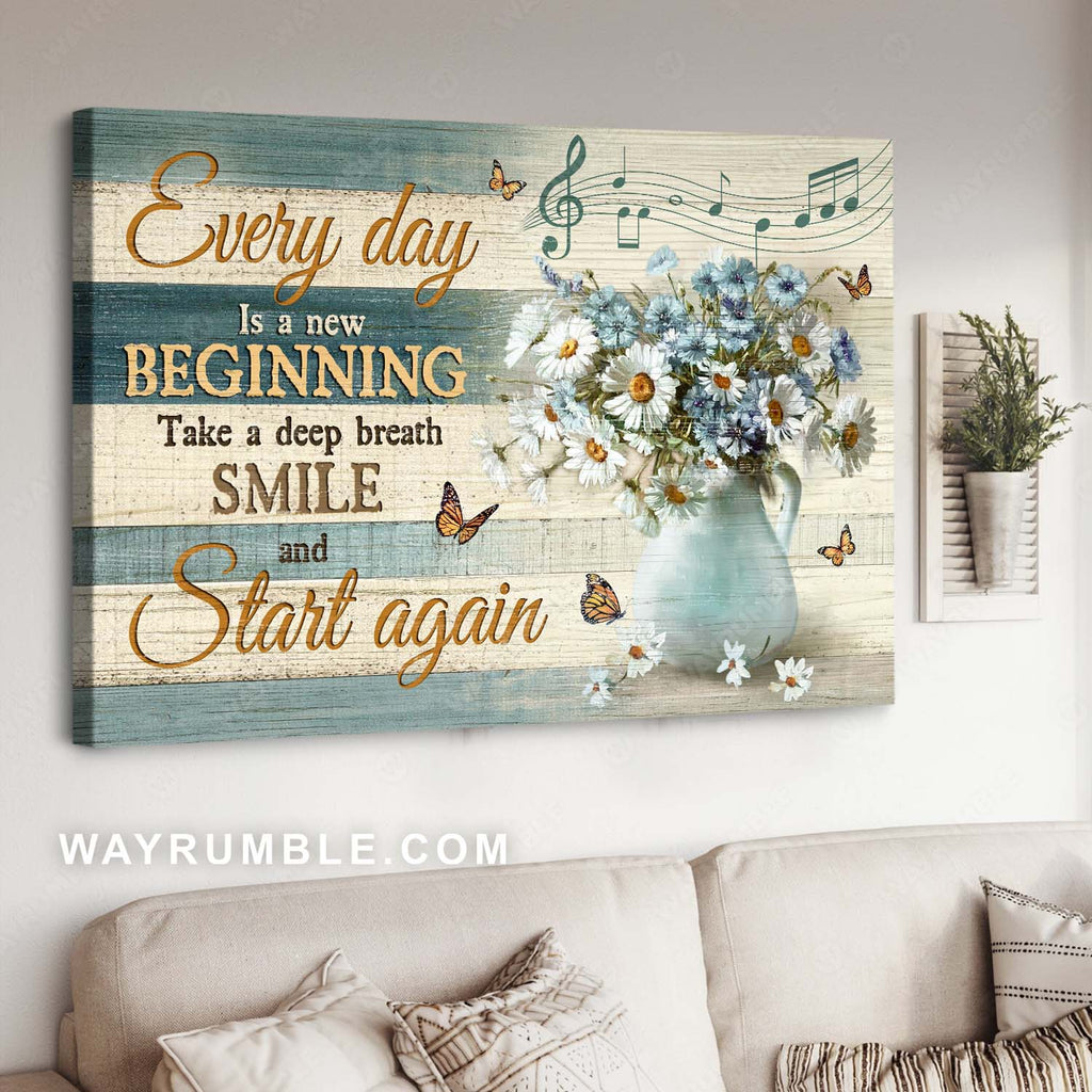 Daisy flower, Monarch butterfly, Ceramic vase, Every day is a new beginning - Jesus Landscape Canvas Prints, Home Decor Wall Art