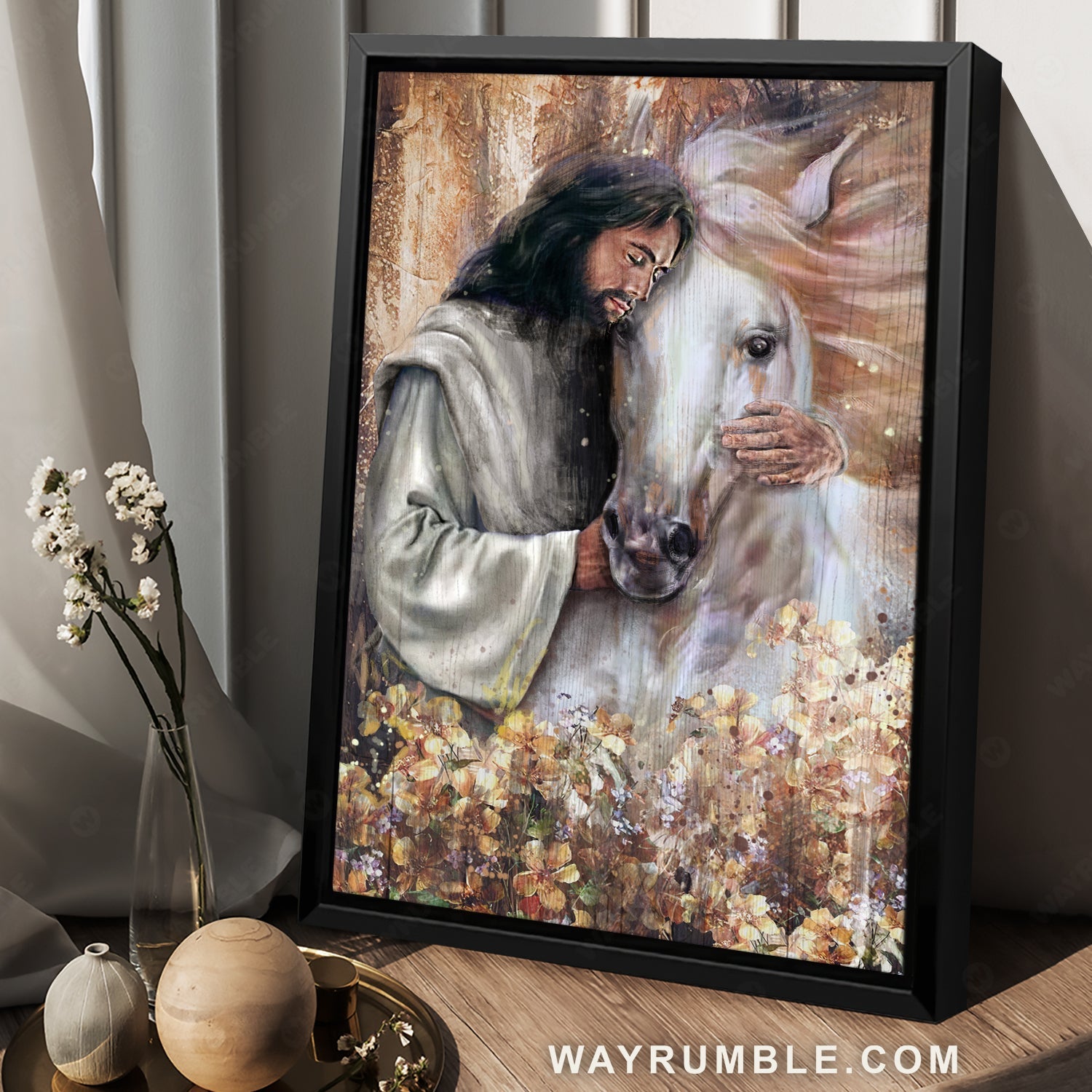 Abstract art, White horse drawing, Flower garden, Jesus hugging a horse - Jesus Portrait Canvas Prints, Christian Wall Art