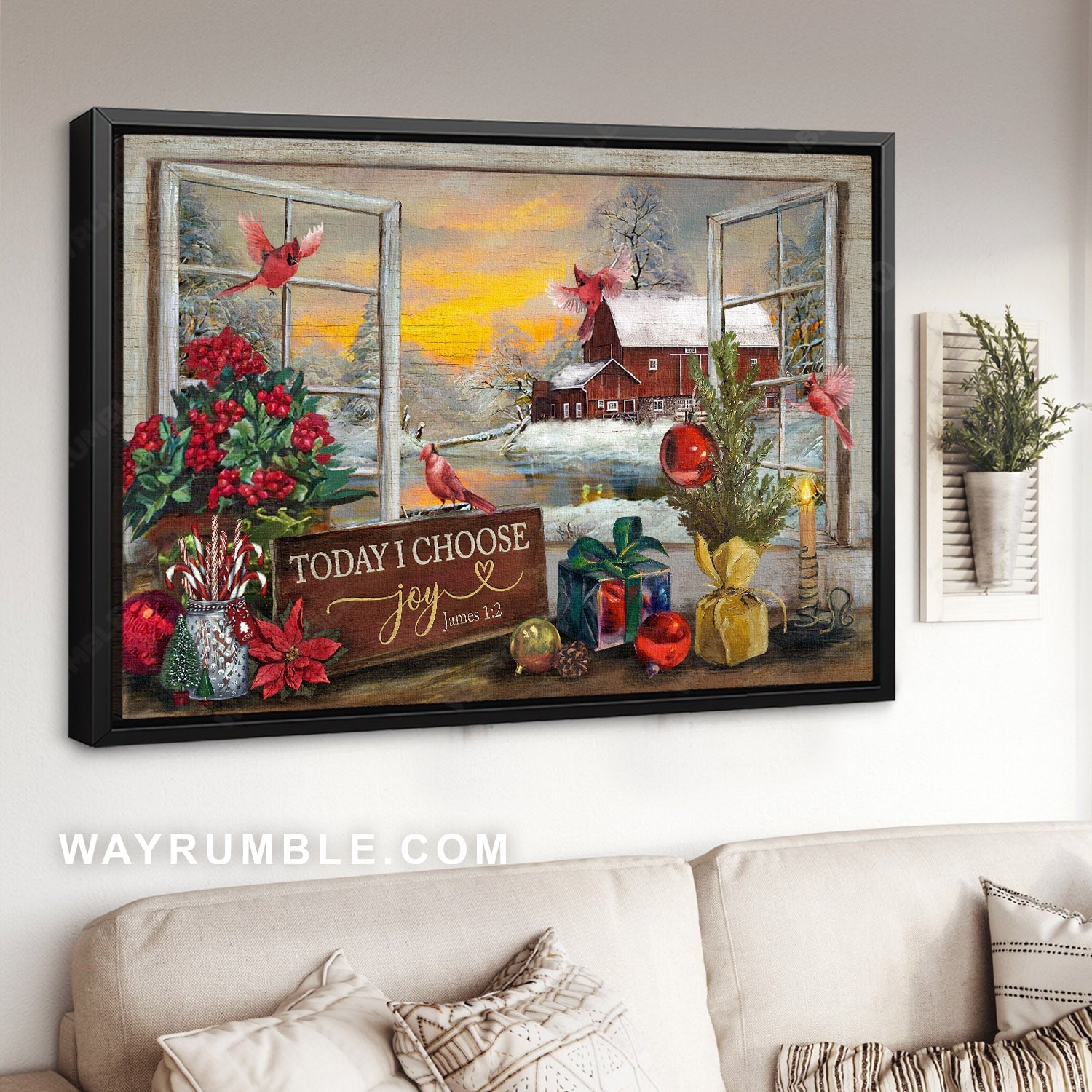 Christmas decoration, Red cardinal, Snowy village, Today I choose joy - Jesus Landscape Canvas Prints, Home Decor Wall Art