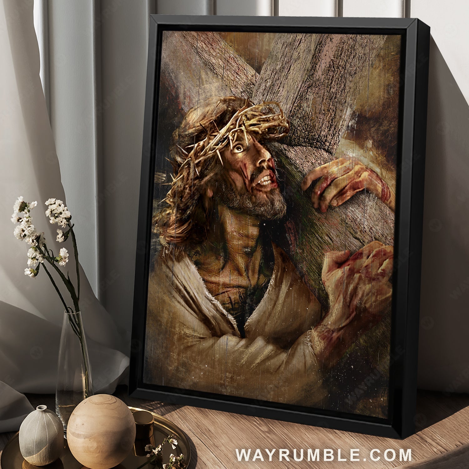 Big wooden cross, Jesus painting, Crown of thorns, Jesus Christ carrying the cross - Jesus Portrait Canvas Prints, Christian Wall Art