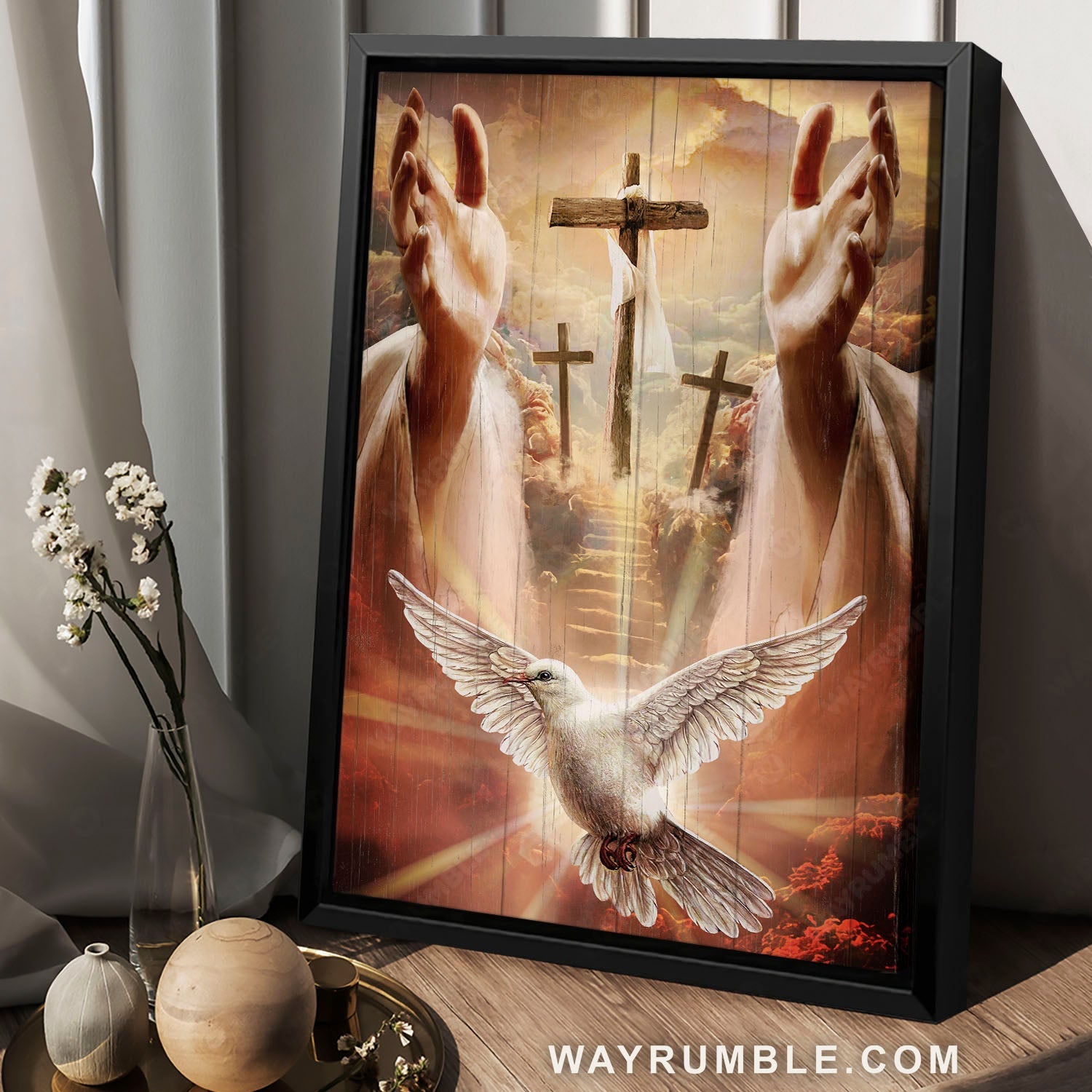 Holy spirit dove, Three wooden crosses, Jesus hands, Path to heaven - Jesus Portrait Canvas Prints, Christian Wall Art
