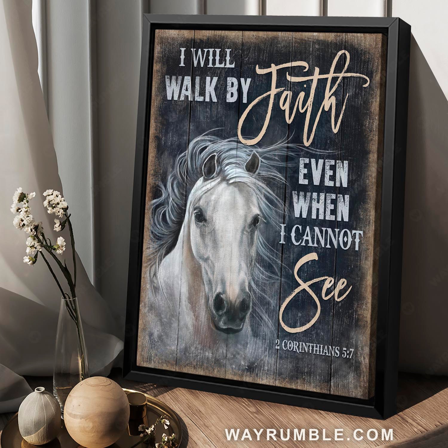 Abstract white horse, Vintage art, Bible verse, Inspirational quote, I will walk by faith - Jesus Portrait Canvas Prints, Home Decor Wall Art