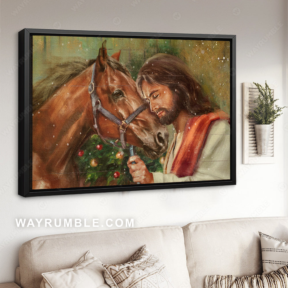 Brown horse, Jesus painting, Christmas tree drawing, Christmas decoration - Jesus Landscape Canvas Prints, Christian Wall Art