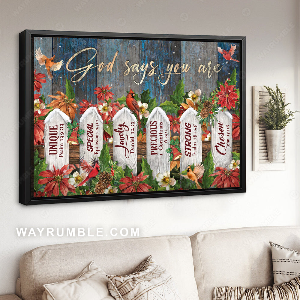 Awesome garden fence, Red cardinal, Winter season, God says you are - Jesus Landscape Canvas Prints, Home Decor Wall Art