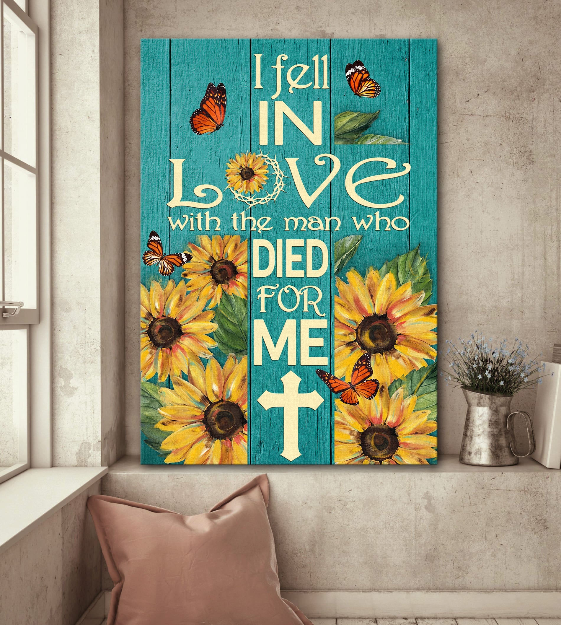 Jesus, Sunflower, Butterfly - I fell in love with the man who died for me Portrait Canvas Prints, Wall Art