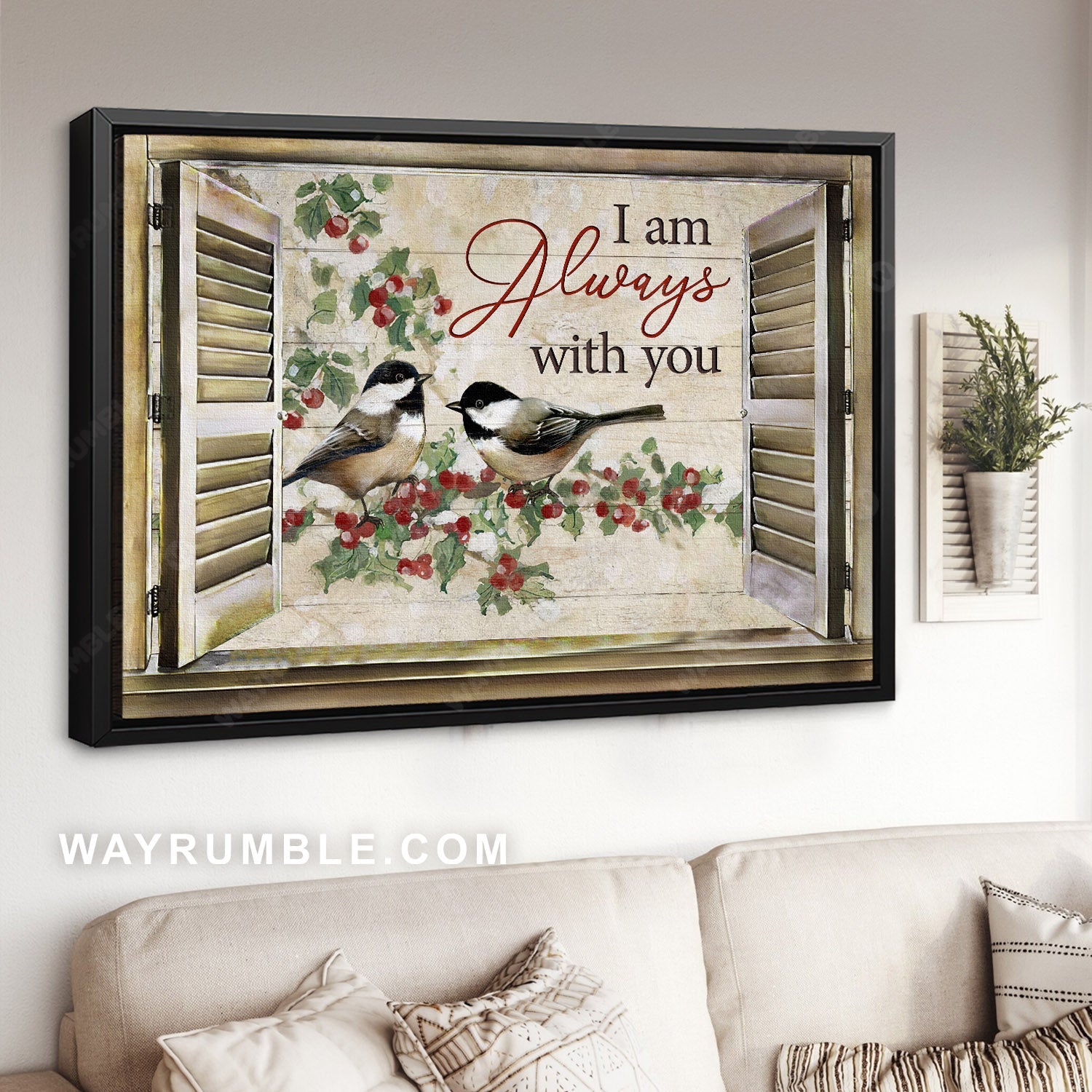 Bird couple, Tit bird, Wooden windows, Inspirational quote, I am always with you - Jesus Landscape Canvas Prints, Home Decor Wall Art