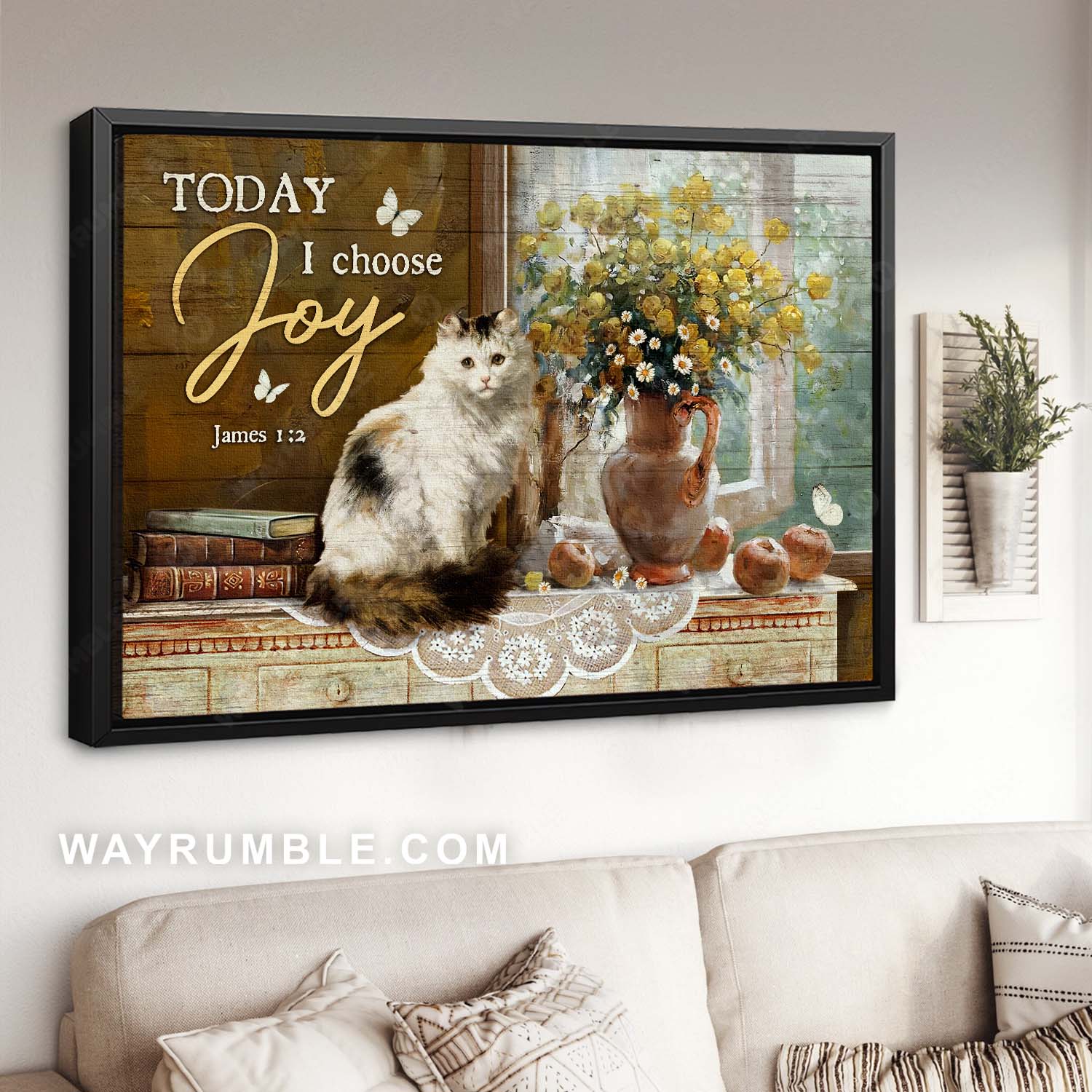 Cat painting, Vintage art, White butterfly, Bible verse, Today I choose joy - Jesus Landscape Canvas Prints, Home Decor Wall Art