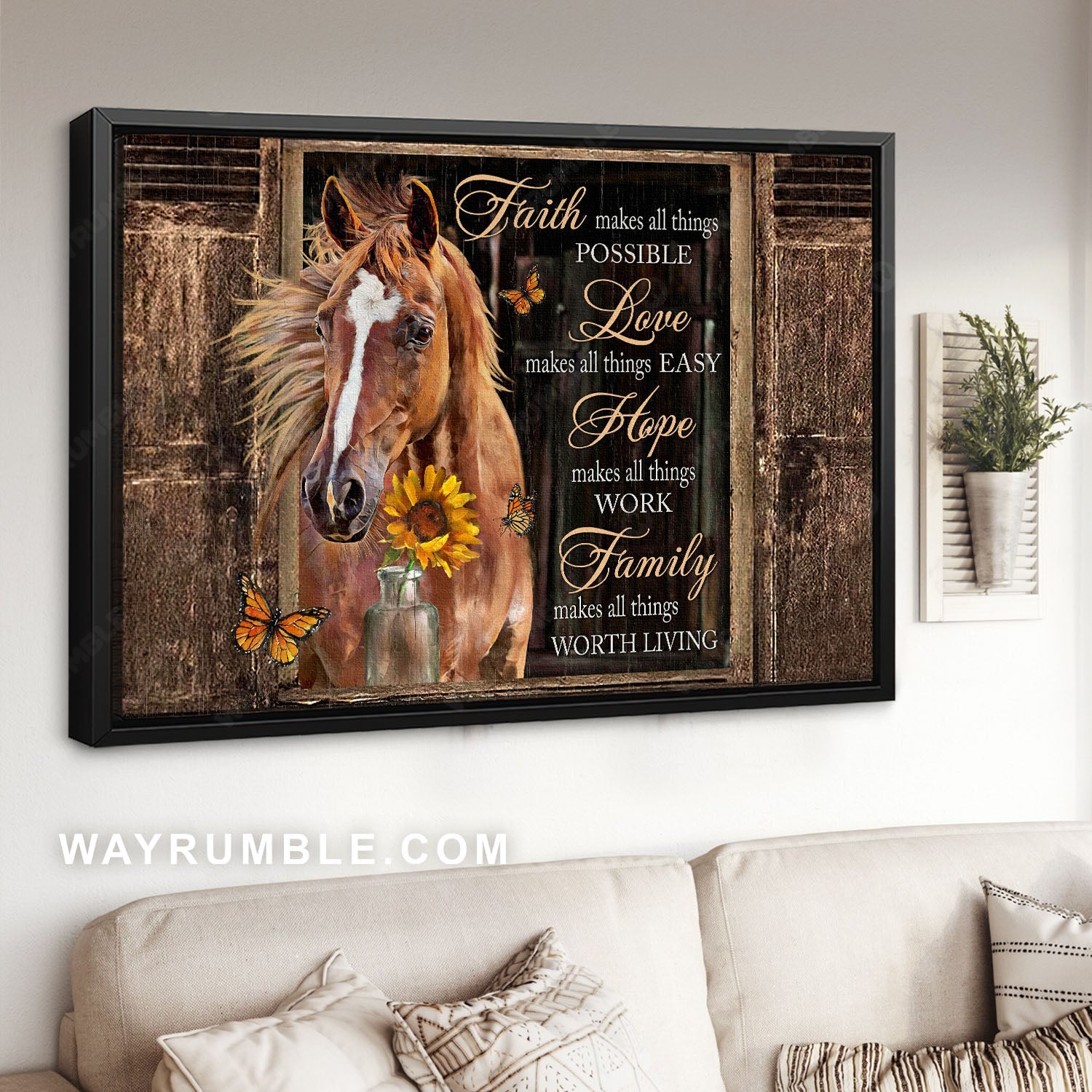 Brown horse, Watercolor sunflower, Monarch butterfly, Faith, Love, Hope, Family - Jesus Landscape Canvas Prints, Home Decor Wall Art