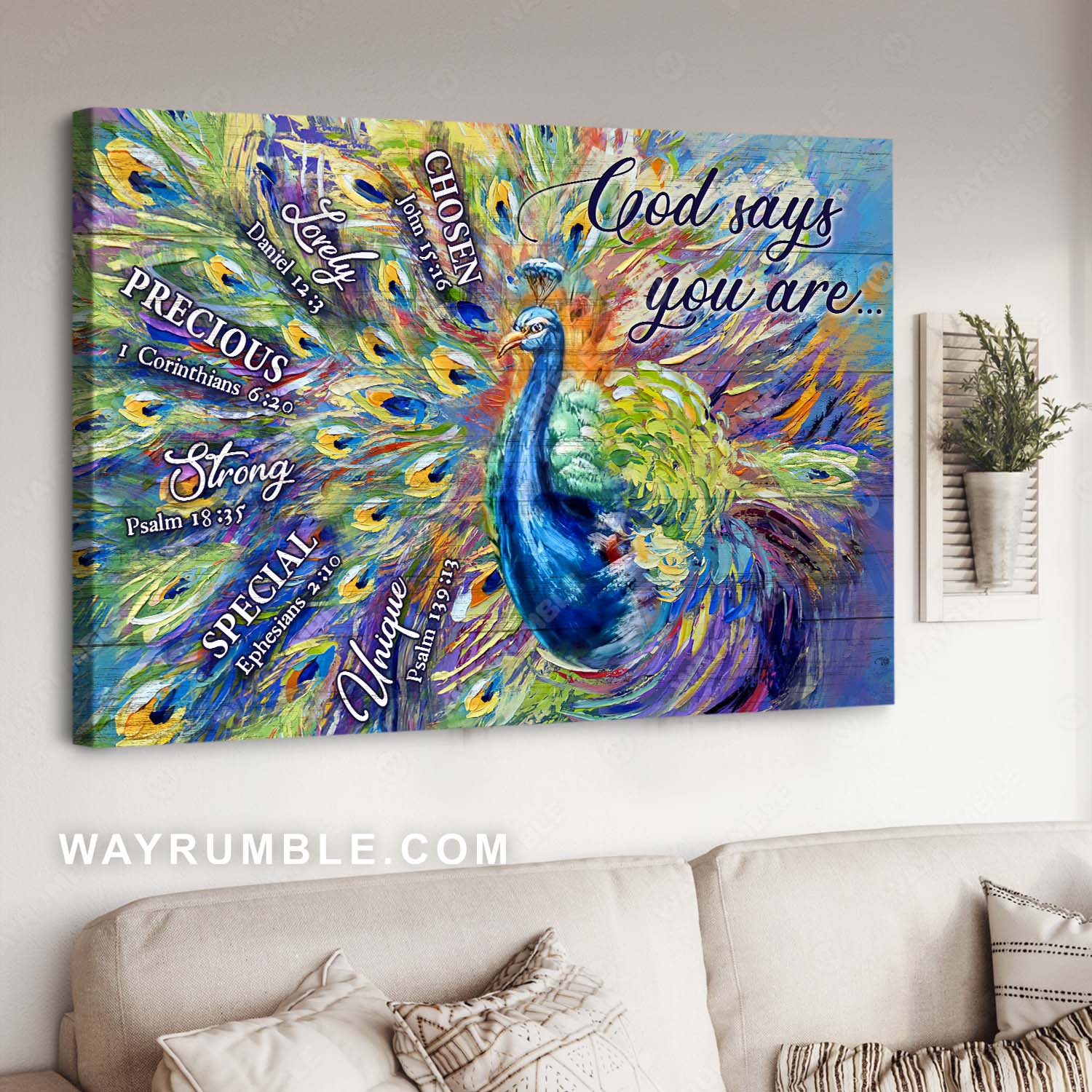 Blue peacock painting, Colorful peacock feathers, Bible verses, God says you are - Jesus Landscape Canvas Prints, Home Decor Wall Art
