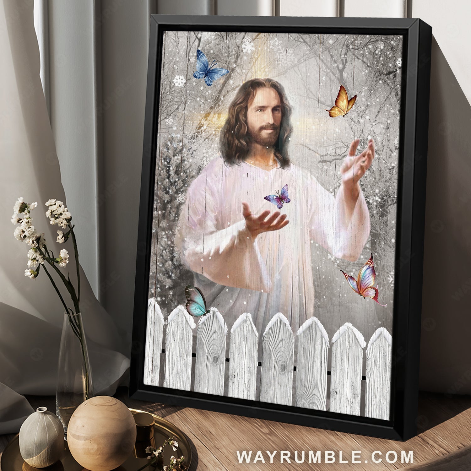 Beautiful snowflake, Jesus painting, Colorful butterfly, In a snowy forest - Jesus Portrait Canvas Prints, Christian Wall Art
