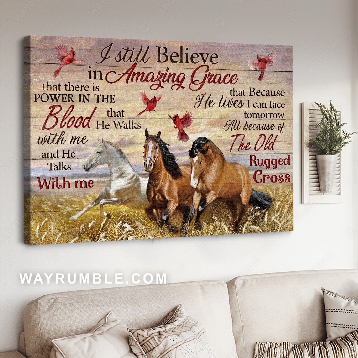 Pretty meadow land, Running horse, Cardinal, I still believe in amazing grace - Jesus Landscape Canvas Prints, Home Decor Wall Art