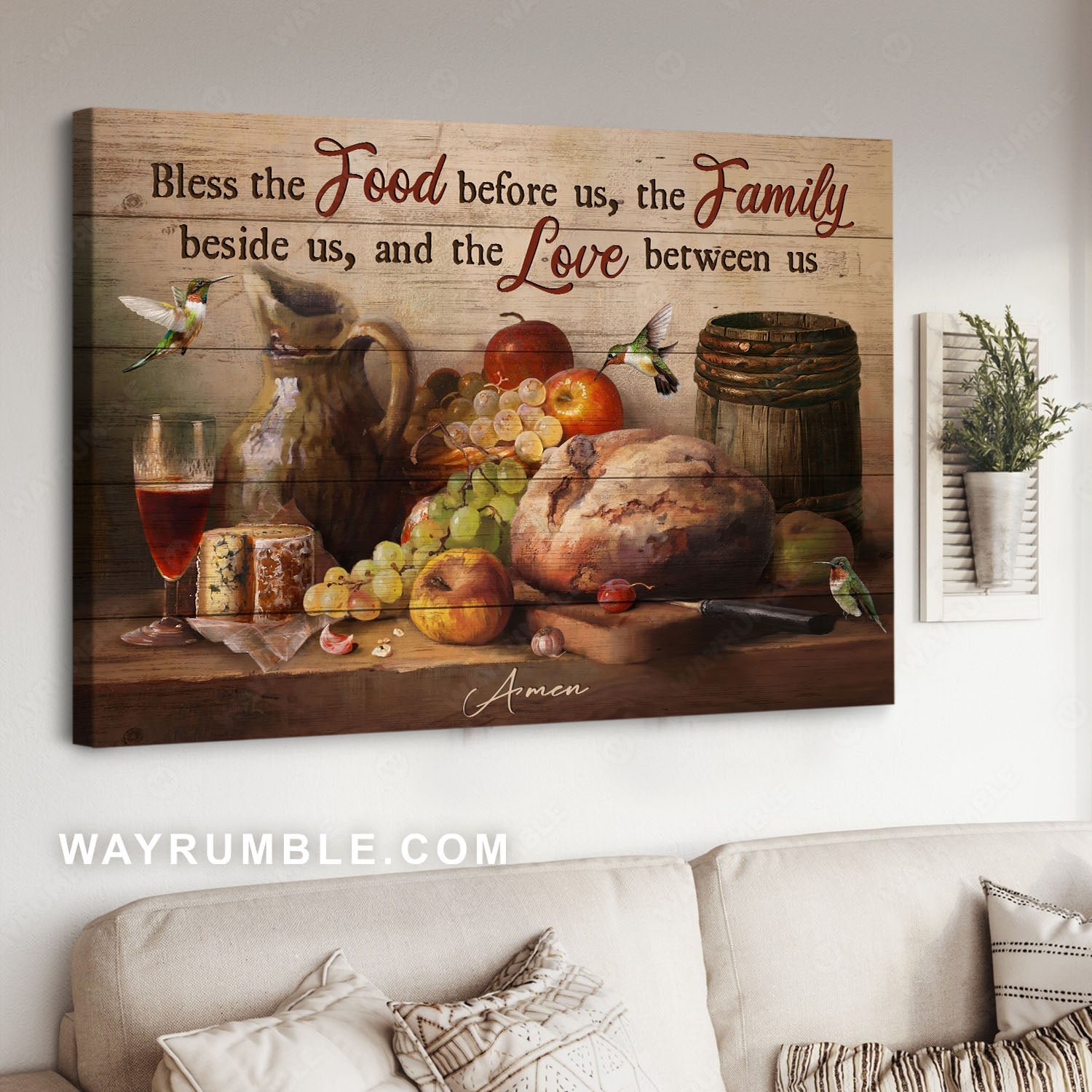 Party painting, Vintage kitchen, Hummingbird, Bless the food before us - Jesus Landscape Canvas Prints, Christian Wall Art
