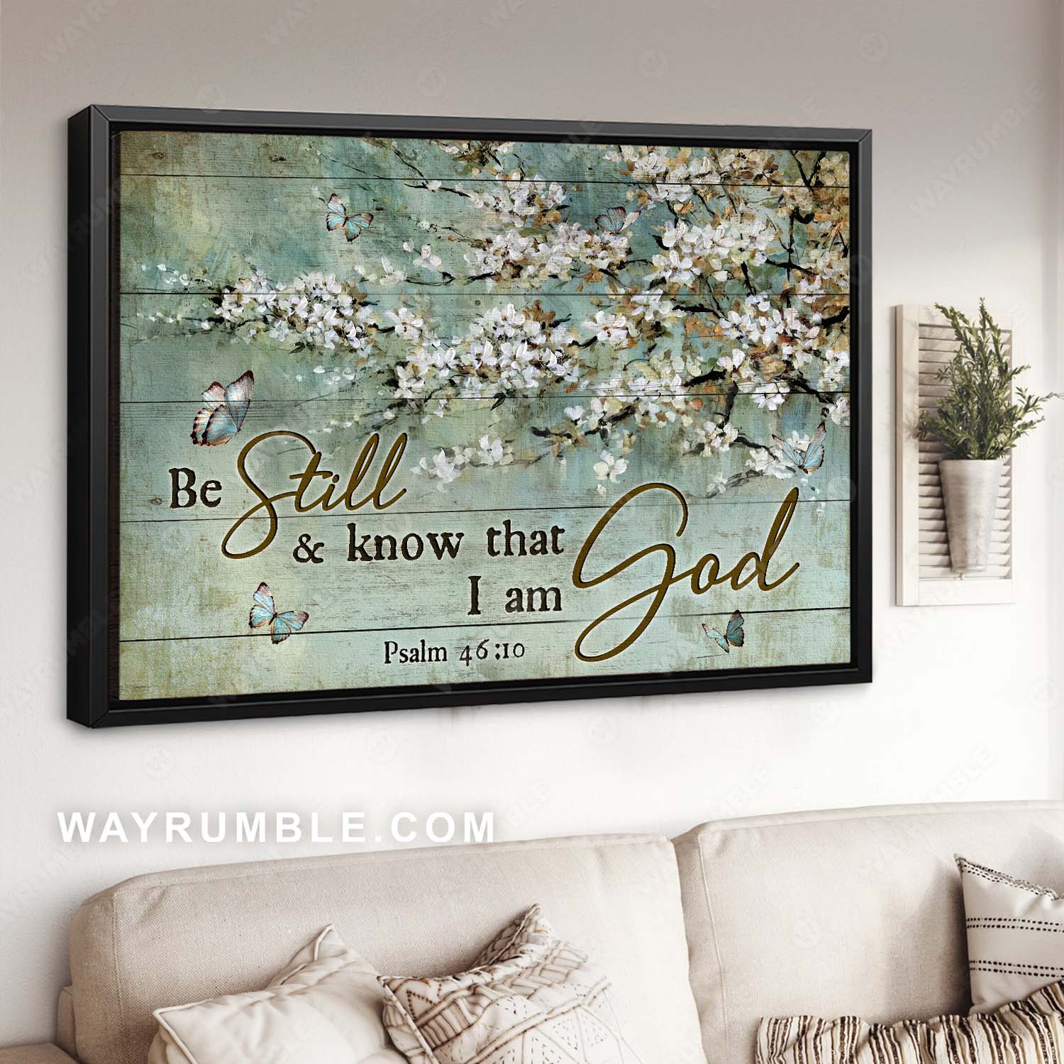 Blue butterfly, Vintage painting, White flowers, Be still and know that I am God - Jesus Landscape Canvas Prints, Home Decor Wall Art