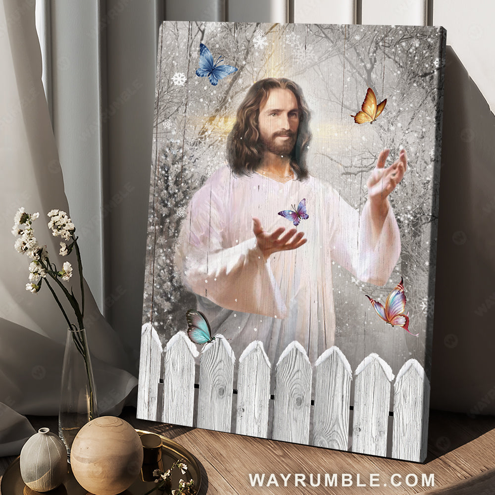 Beautiful snowflake, Jesus painting, Colorful butterfly, In a snowy forest - Jesus Portrait Canvas Prints, Christian Wall Art