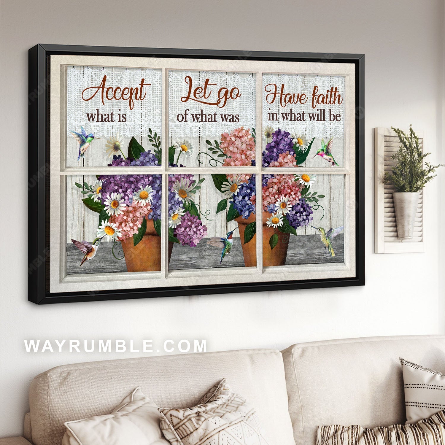 Colorful flower pot, Lovely hummingbird, Vintage window, Have faith in what will be - Jesus Landscape Canvas Prints, Home Decor Wall Art