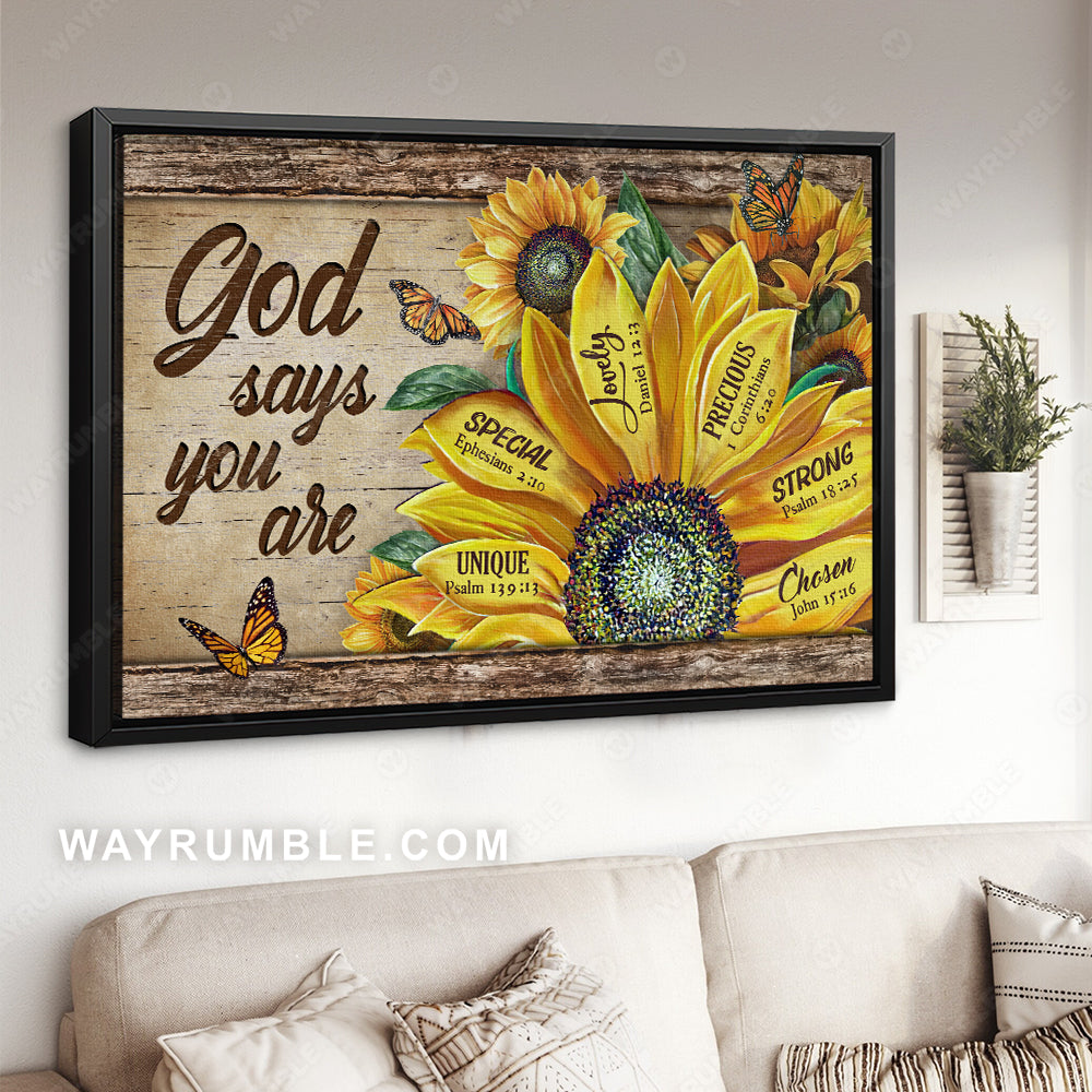 Bible verse, Watercolor sunflower, Monarch butterfly, God says you are - Jesus Landscape Canvas Prints, Home Decor Wall Art