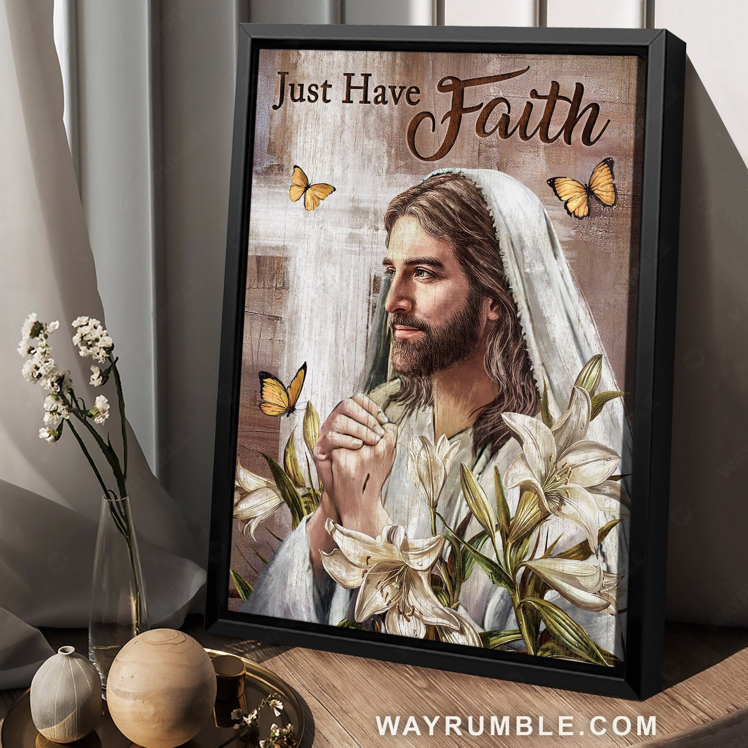 Beautiful Jesus painting, Monarch butterfly, Lily flower, Just have faith - Jesus Portrait Canvas Prints, Christian Wall Art
