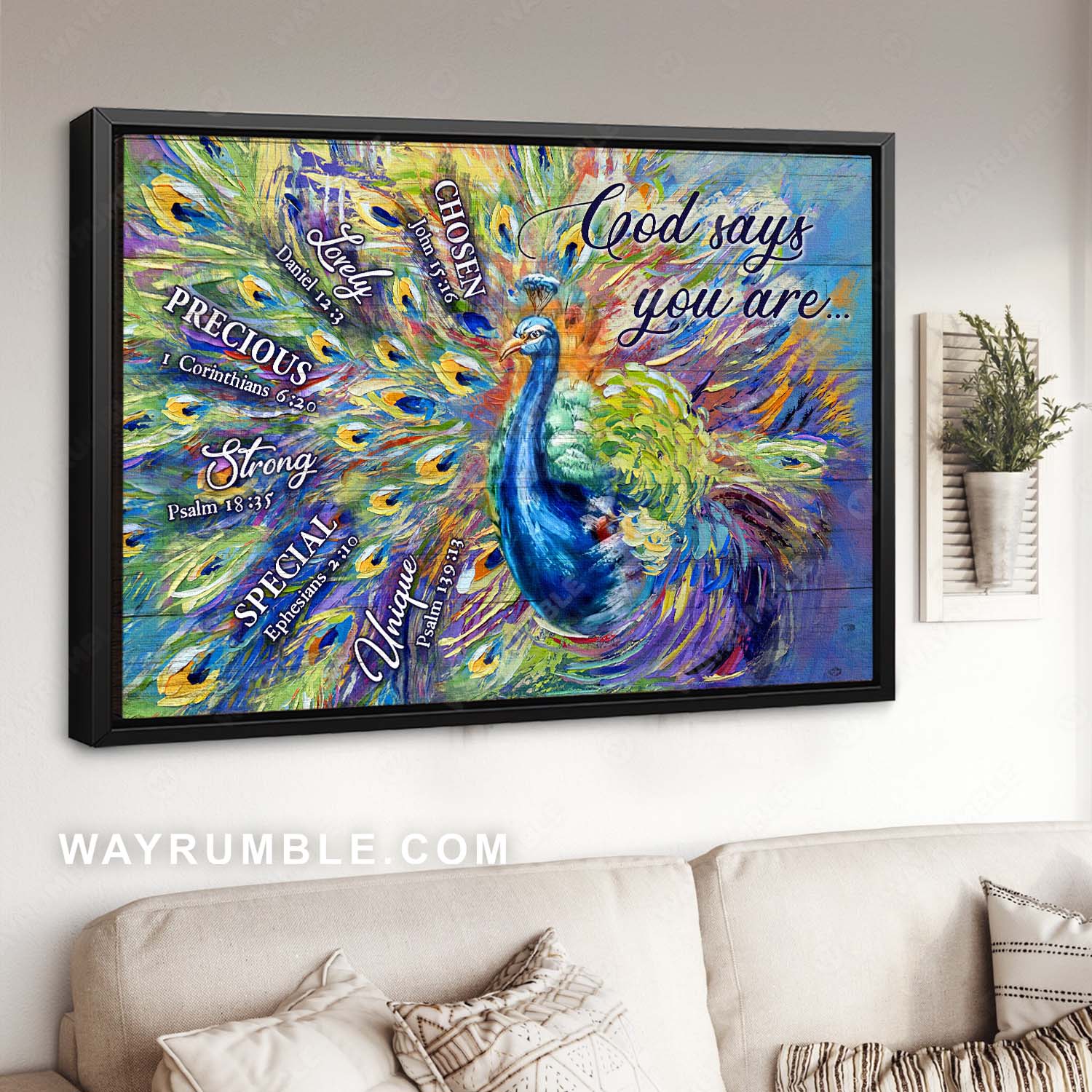Blue peacock painting, Colorful peacock feathers, Bible verses, God says you are - Jesus Landscape Canvas Prints, Home Decor Wall Art
