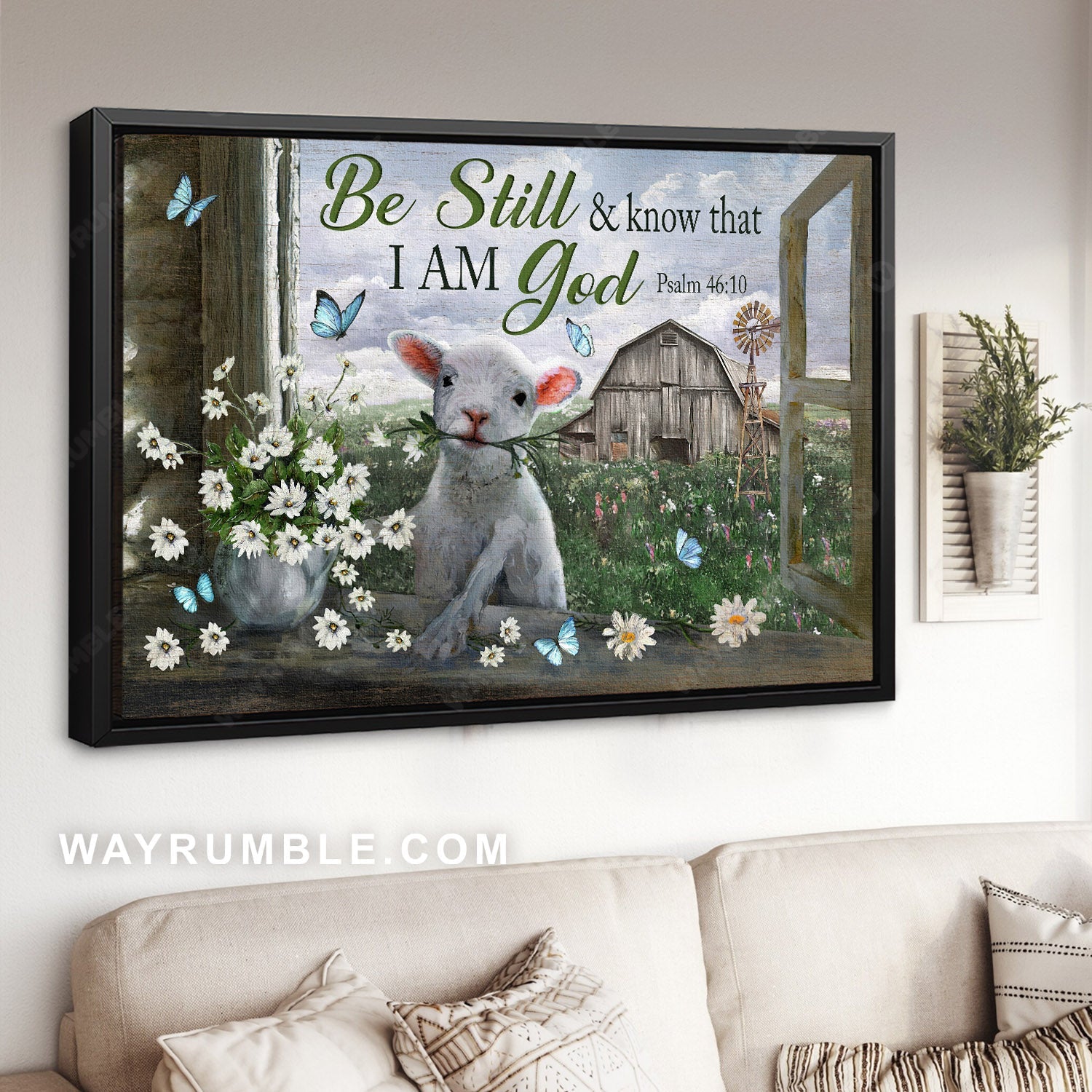Lovely lamb, Daisy flower, Rustic farmhouse, Be still & know that I am God - Jesus Landscape Canvas Prints, Christian Wall Art