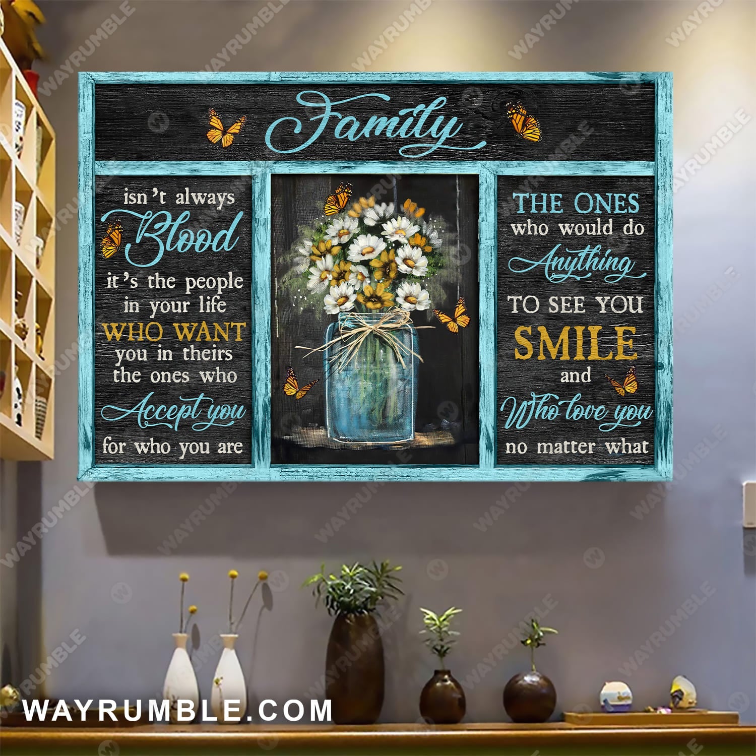 Colorful flower painting, Yellow butterfly, Black background, Family isn't always blood - Jesus Landscape Canvas Prints, Wall Art