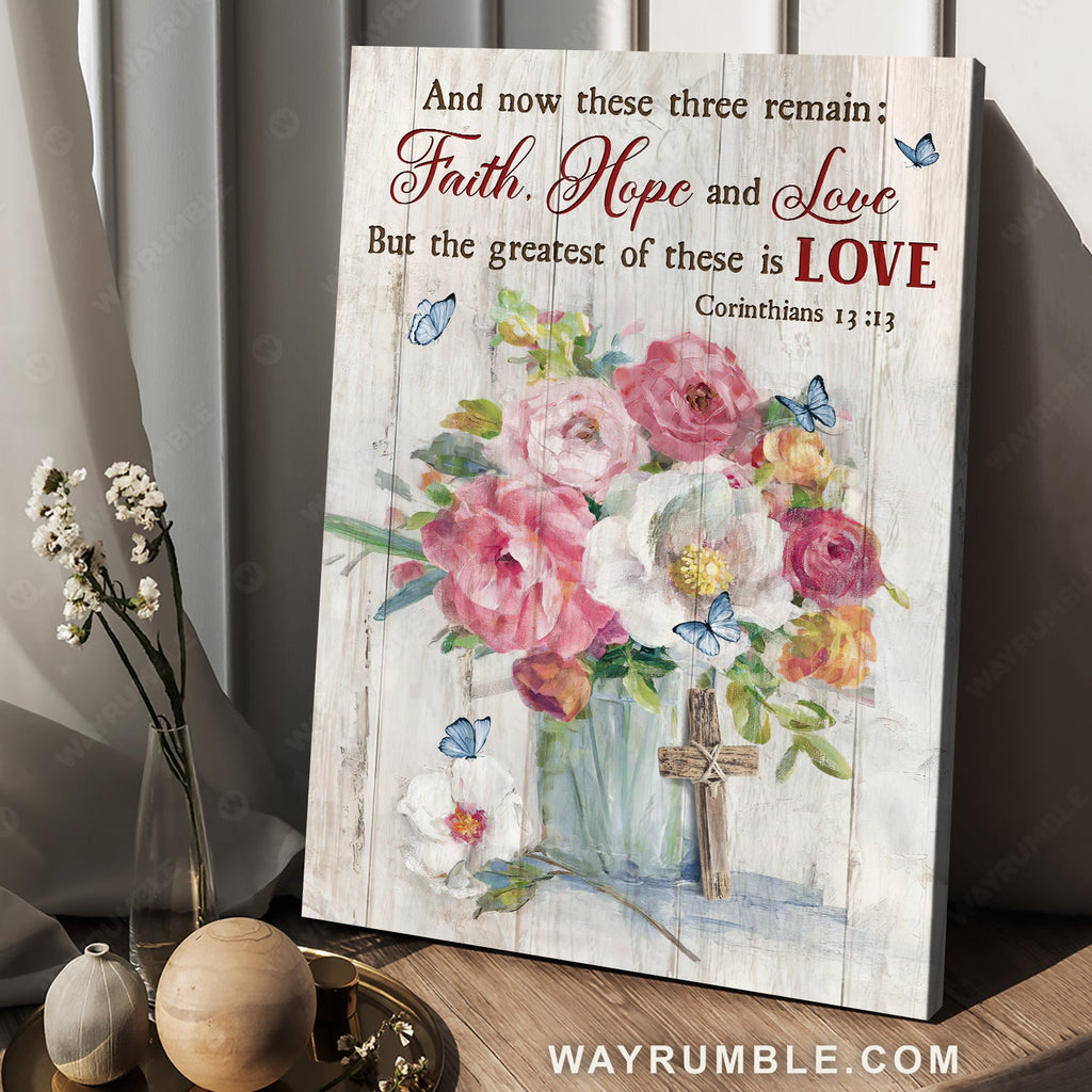 Gorgeous flower vase, Blue butterfly, Wooden cross, Faith, Hope and Love - Jesus Portrait Canvas Prints, Home Decor Wall Art