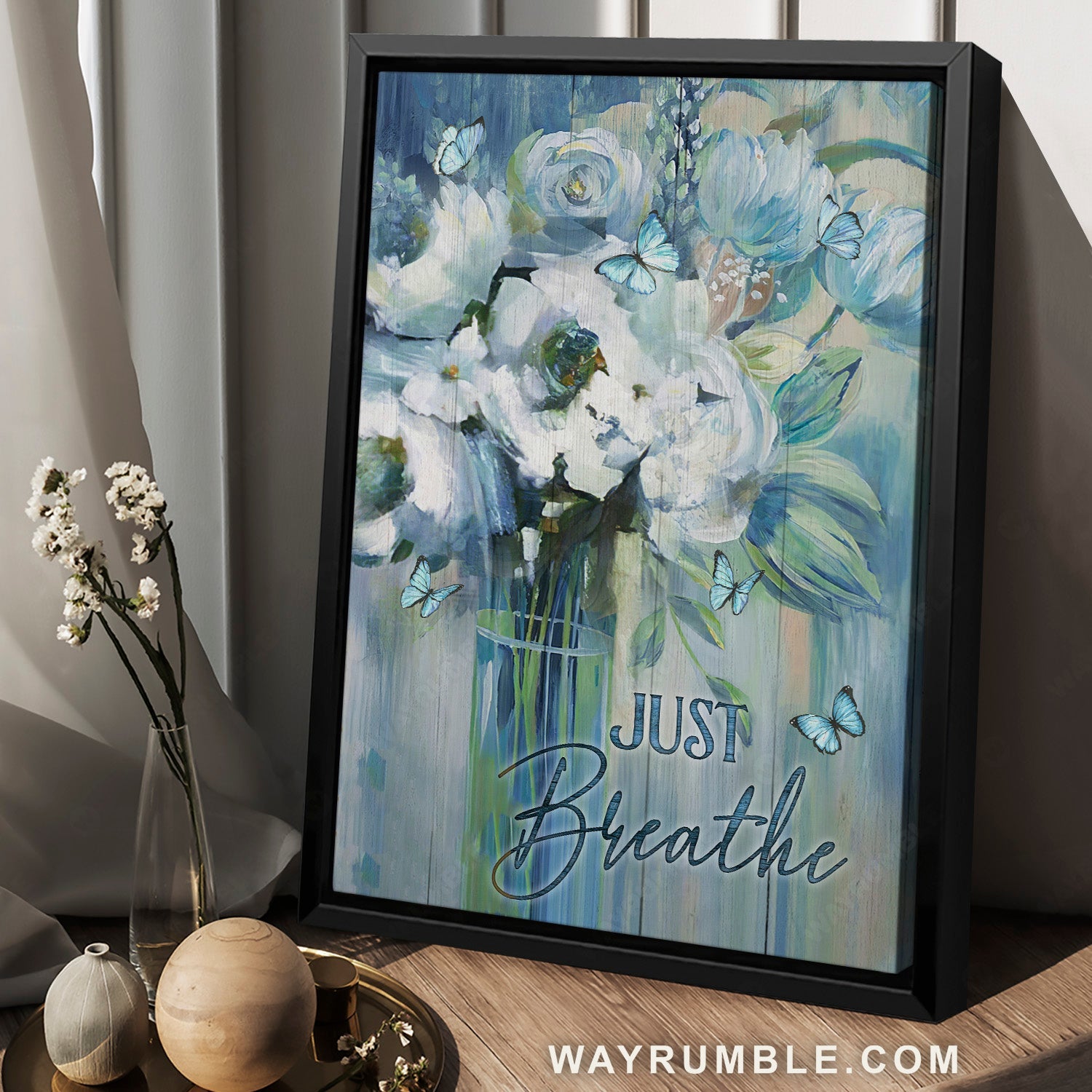 Blue butterfly, Gorgeous white flower, Glass vase, Just breathe - Jesus Portrait Canvas Prints, Home Decor Wall Art