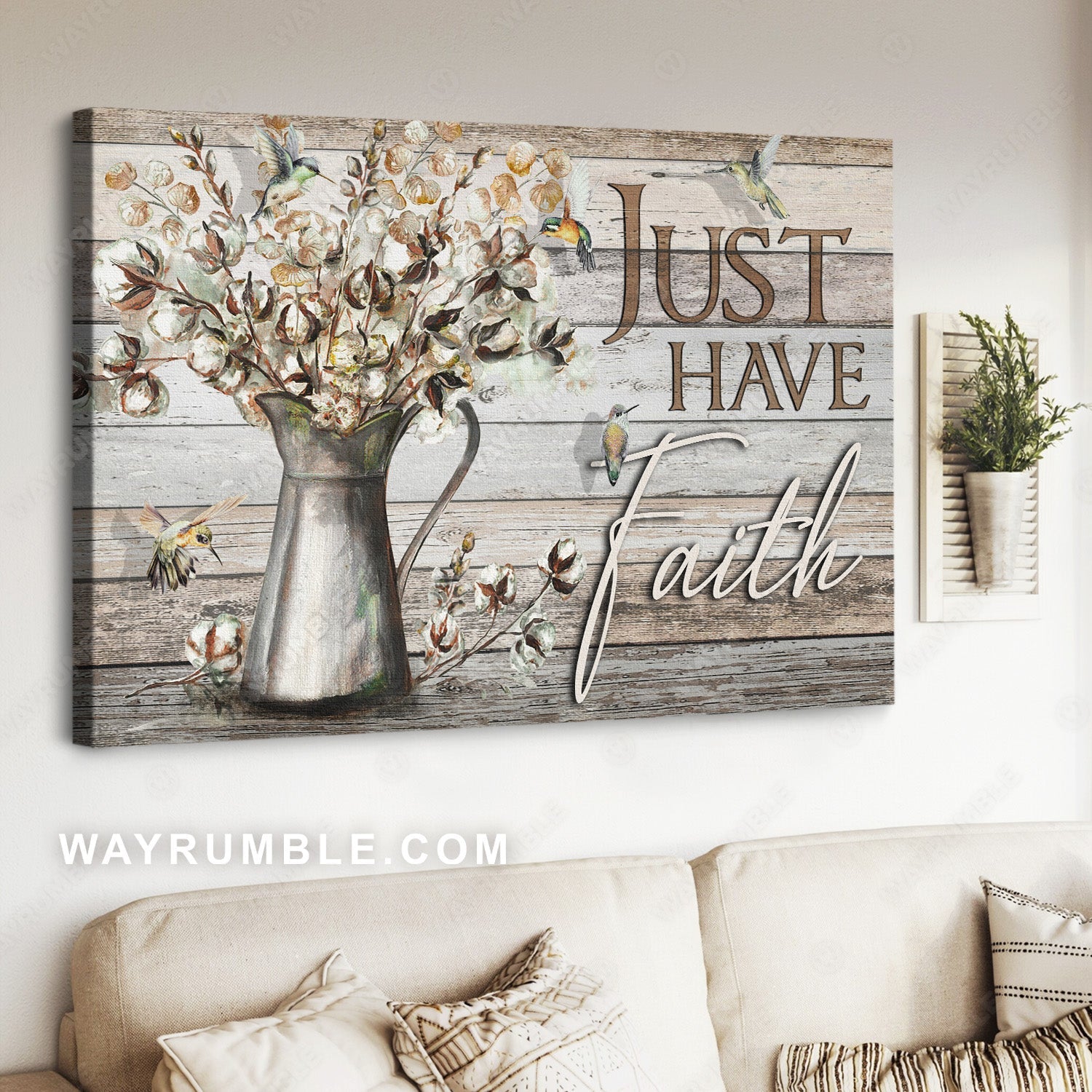Cotton flower, Watercolor hummingbird, Flower vase, Just have faith - Jesus Landscape Canvas Prints, Home Decor Wall Art